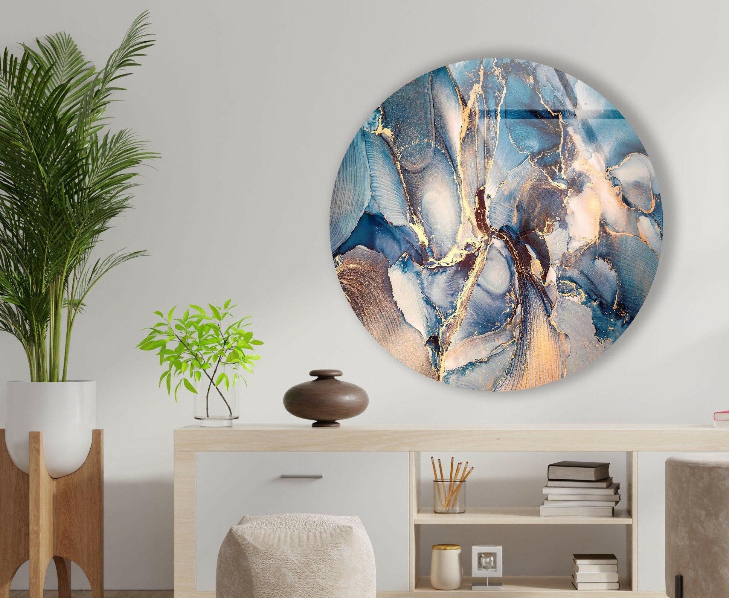 Blue Marble Pattern Round Glass Wall Art - Elegant Home Decor for Living Room, Bedroom & Office - Perfect for Modern & Contemporary Interior Design