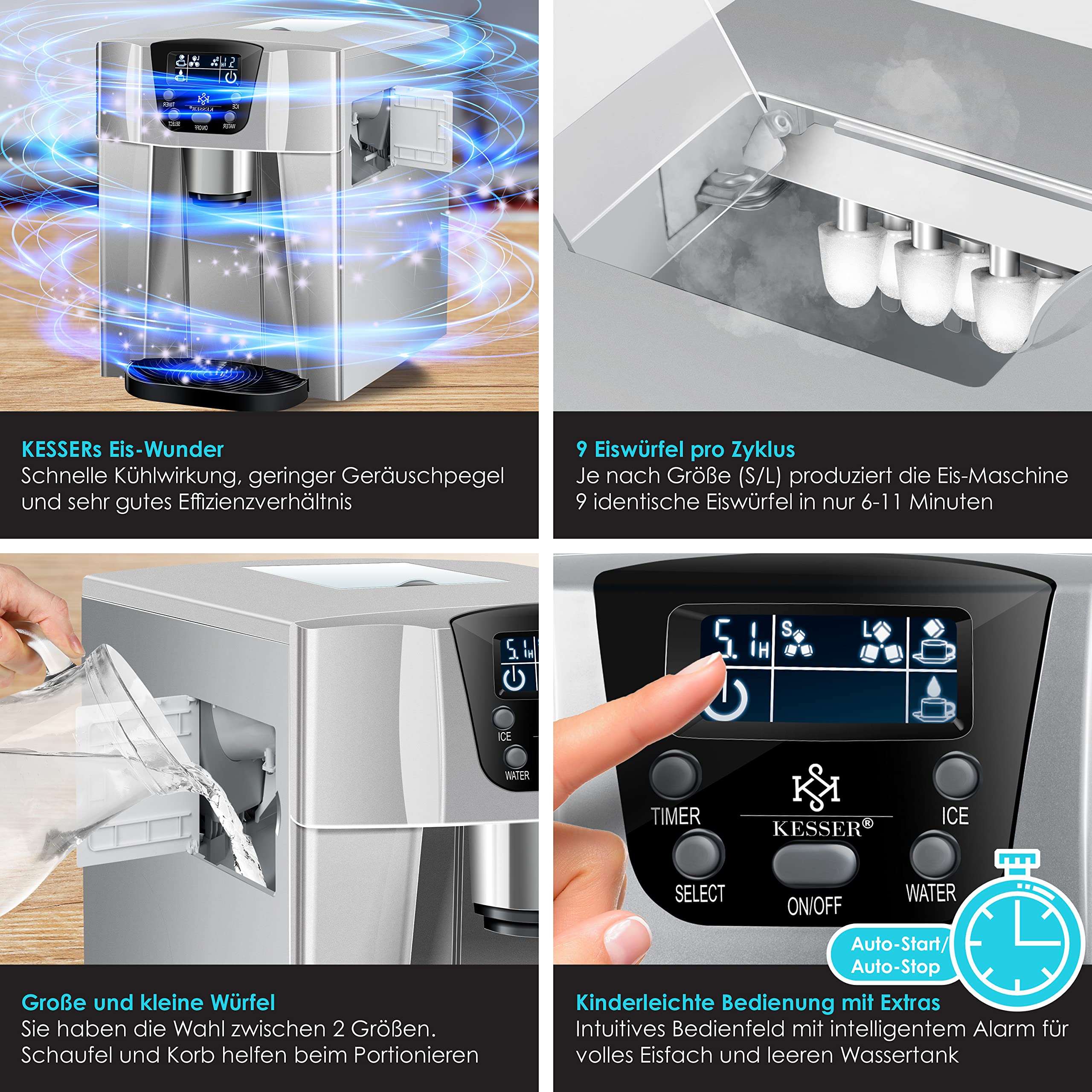 KESSER® Stainless Steel Ice Maker Machine - 100W, 12kg/24h, 2 Ice Cube Sizes, 6-Minute Fast Freeze, 2L Water Tank - Perfect for Home, Office, Parties & Outdoor Use