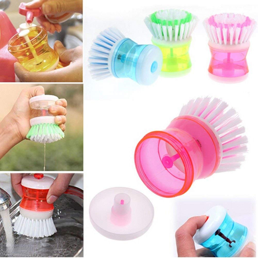 ServEzee Dish Cleaning Brush with Soap Dispenser - 4 Pack Kitchen Scrub Brushes for Pots, Pans & Utensils - Heavy Duty Plastic Dishwashing Brush for Sinks, Countertops & Household Cleaning