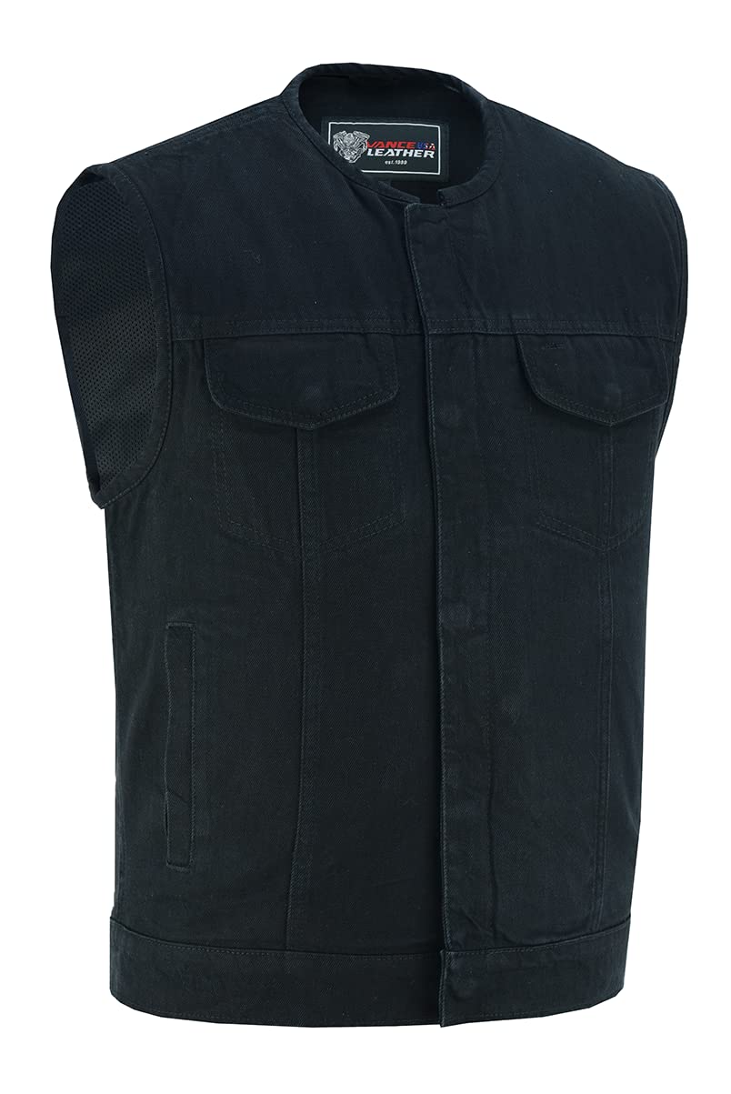 Vance Leather Men's Black Denim Collarless Club Vest with Conceal Carry Pockets | Stylish Motorcycle Jacket for Bikers & Outdoor Enthusiasts | Perfect for Riding, Hunting & Casual Wear