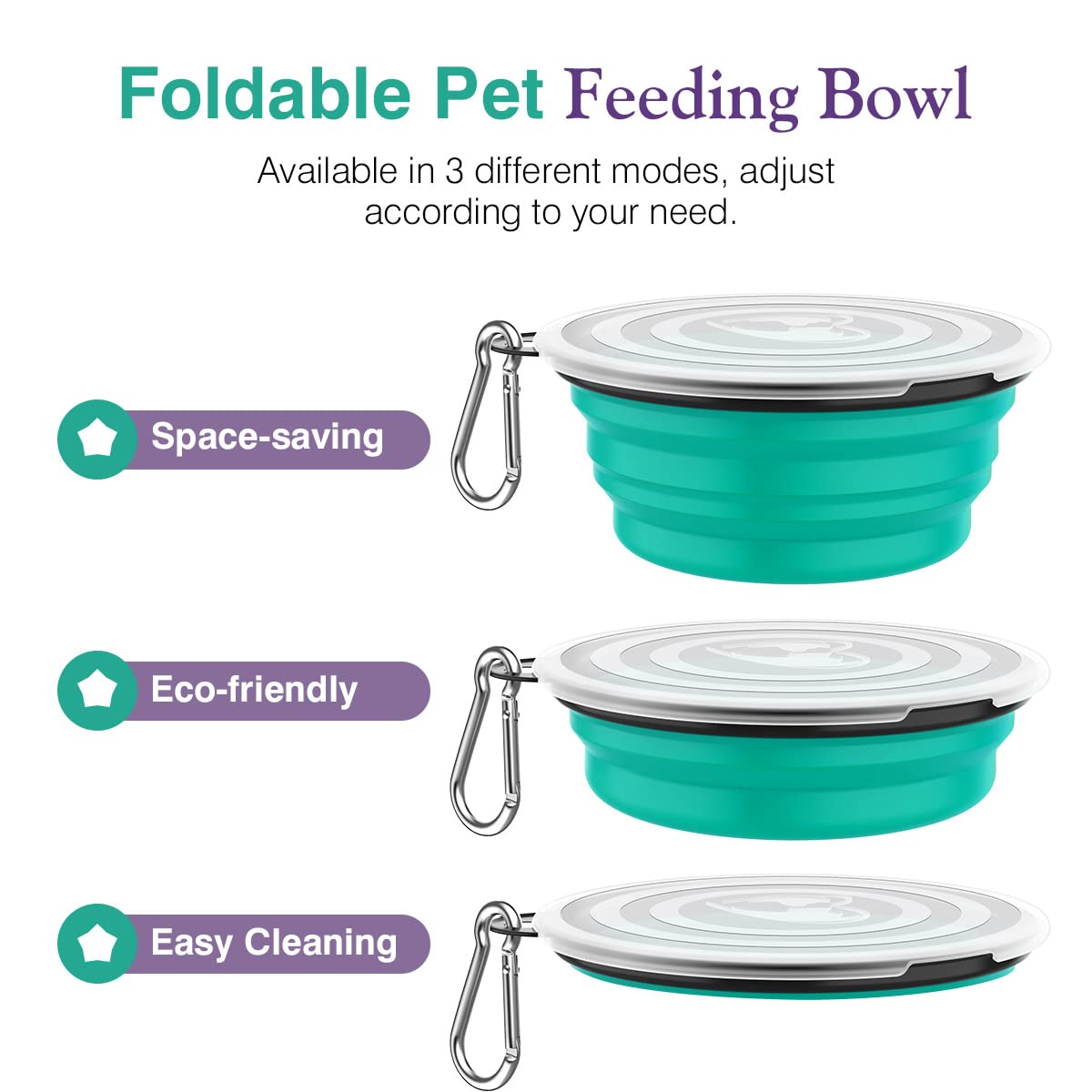 Pawaboo 2 Pack Collapsible Dog Bowls - 1000ml Silicone Pet Food & Water Bowls with Lids & Carabiners for Dogs & Cats | Portable Travel Feeding Bowls for Hiking, Camping, Home & Outdoor Use (Violet+Turquoise)
