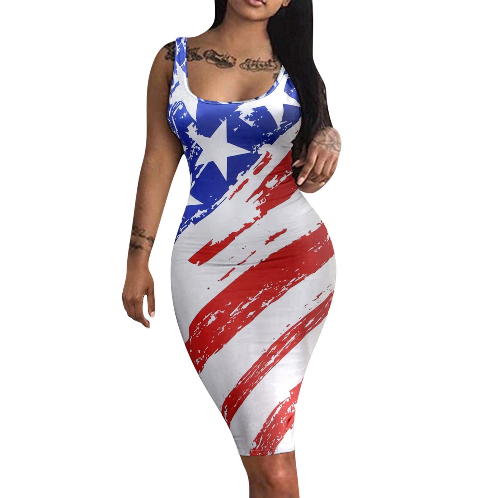 Women's Midi Sun Dresses with Pockets - 4th of July Printed Round Neck Casual Summer Dress for Beach, Picnic & Independence Day Celebrations