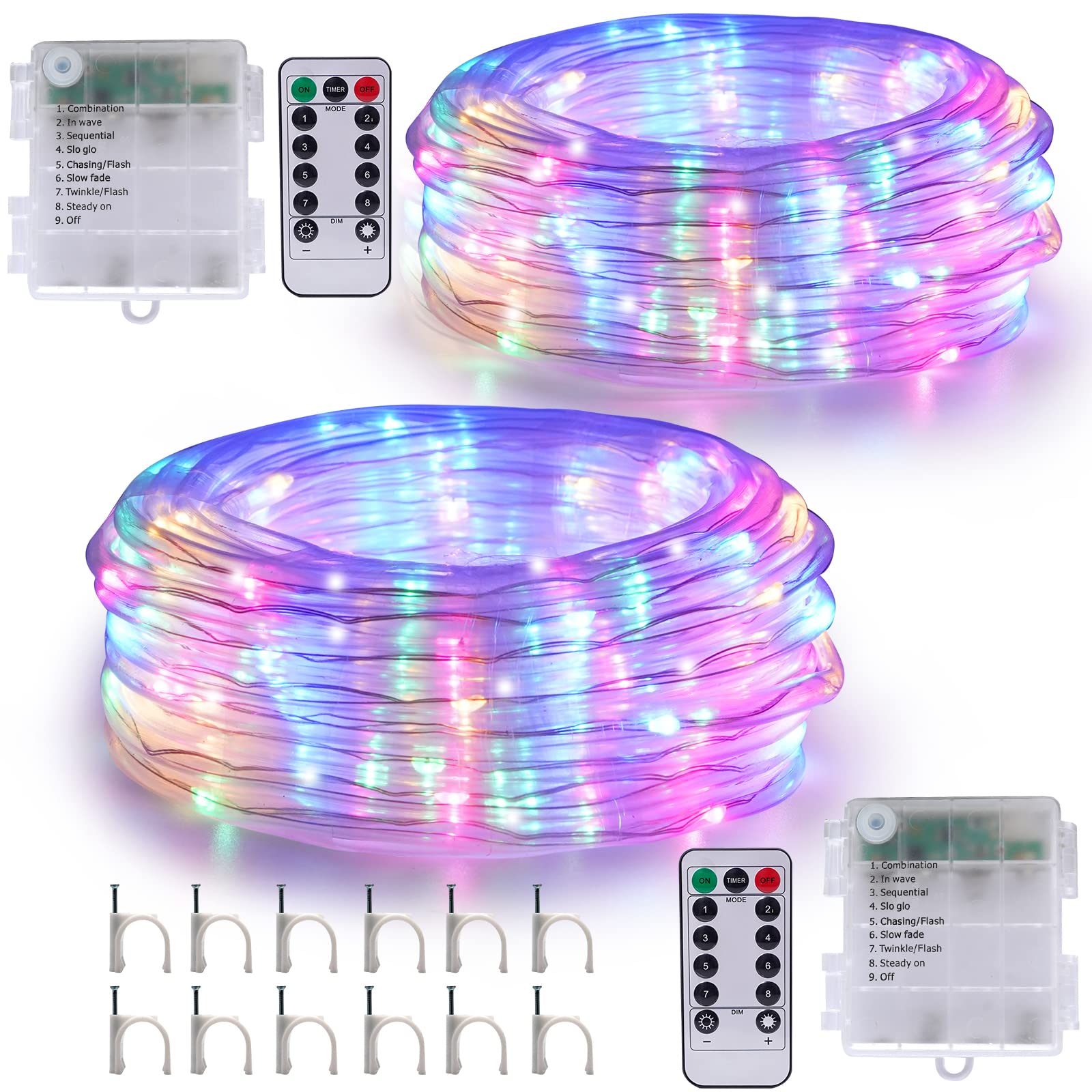 2 Pack LED Rope Lights - 40Ft 150 LEDs Battery Operated Remote Control String Lights with 8 Modes & Timer, Waterproof Fairy Lights for Camping, Party, Halloween, Christmas, Bedroom, Garden, and Outdoor Decorations (Multicolor)