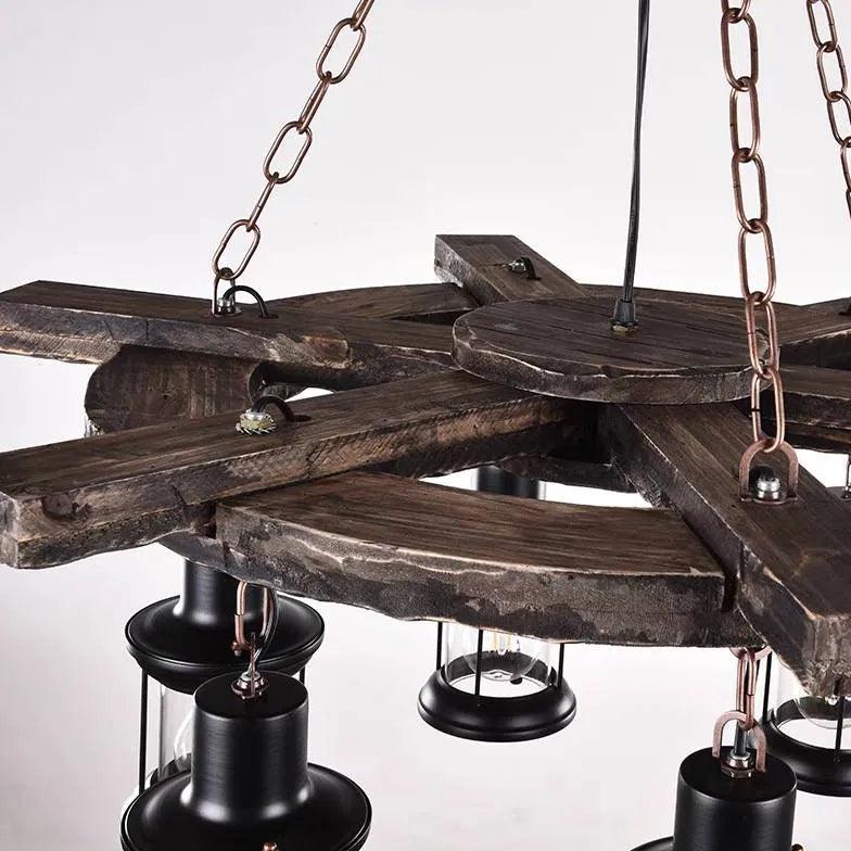 Industrial Wooden Wheel Chandelier with Multiple Lights - Rustic Farmhouse Ceiling Lighting for Dining Room, Living Room, or Bedroom