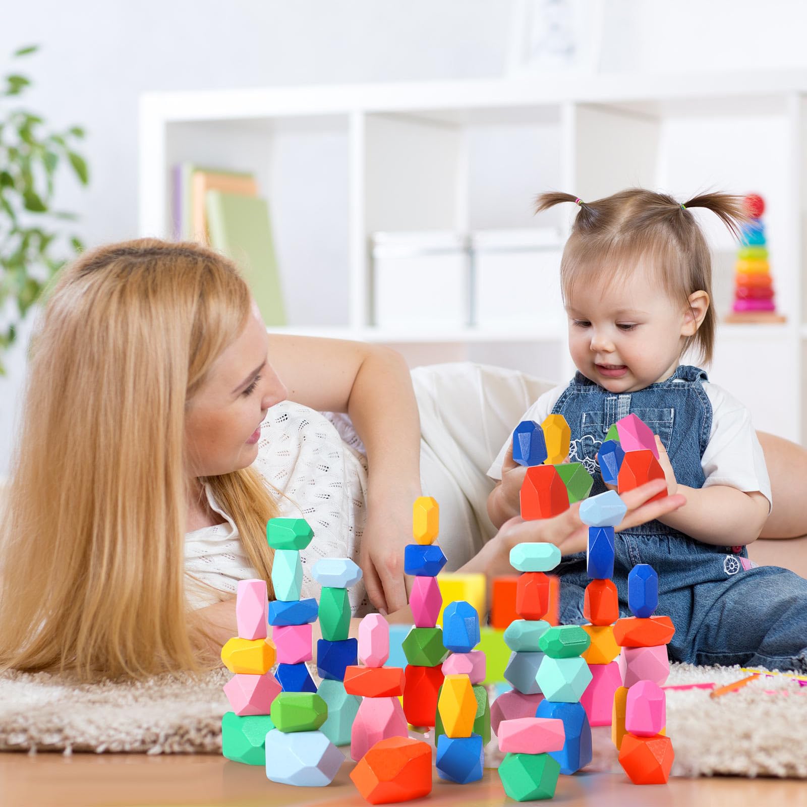 Jenaai 60pcs Wooden Stacking Rocks - Montessori Toys for Toddlers 1+ | Sensory Learning & Easter Gifts