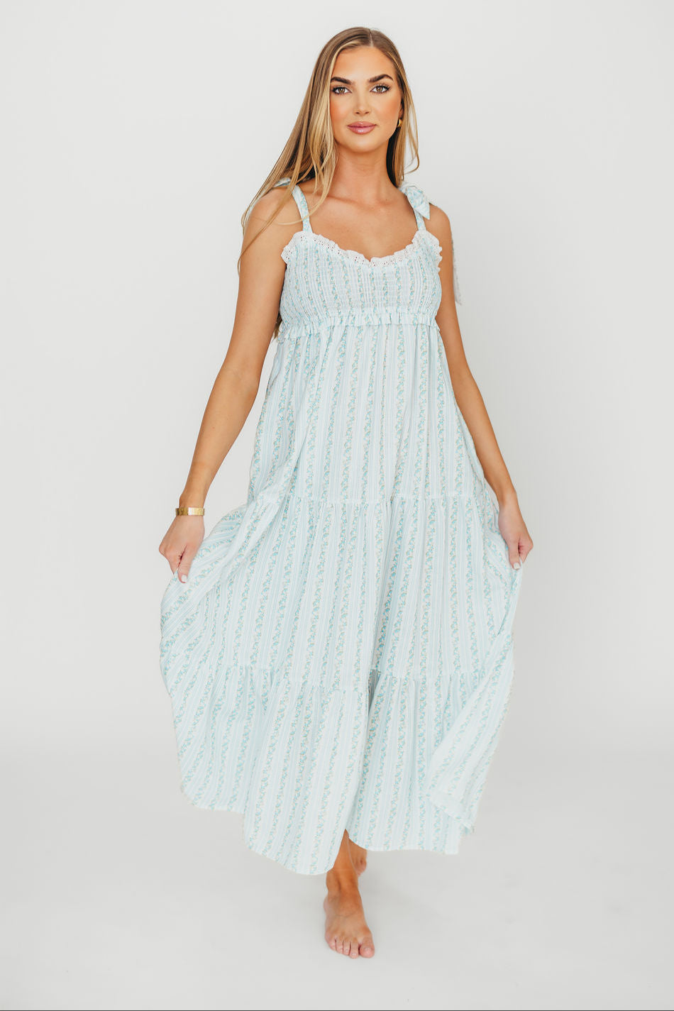 Vivienne Women's Maxi Sundress Floral Print Ivory & Blue - Perfect for Beach Vacations, Summer Parties, and Casual Outings