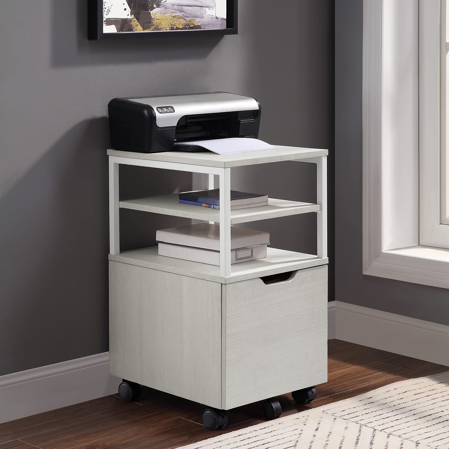 American Furniture Classics CNT15-WK White Oak Mobile Cart with One Drawer - Perfect for Office, Kitchen, or Craft Room Organization