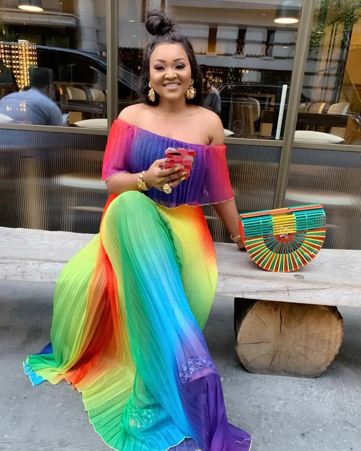 African Print Maxi Dress for Women - Off Shoulder Loose Fit Plus Size Rainbow Pleated Long Dress - Perfect for Beach, Vacation, and Summer Parties