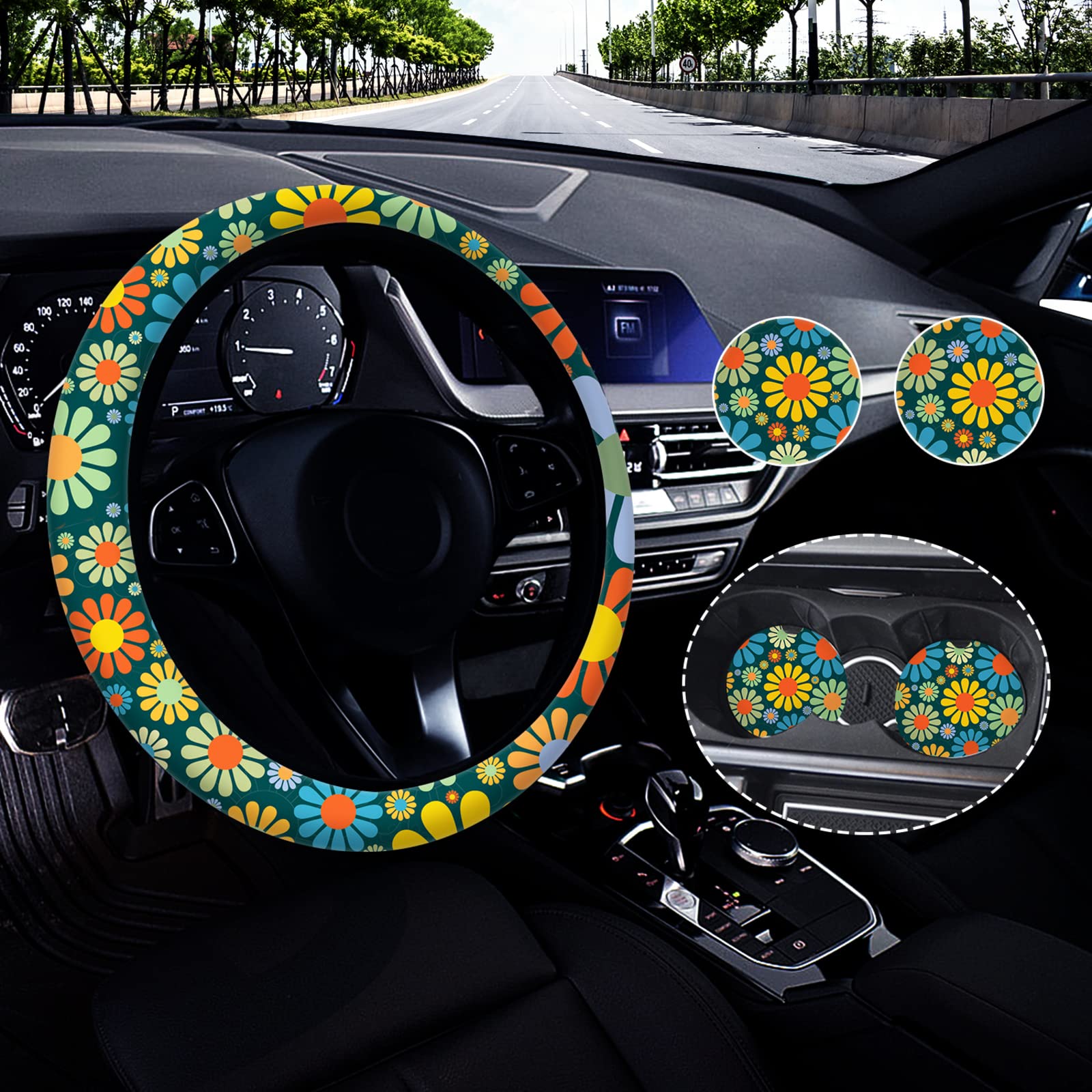 **Bohemian Daisy Flower Steering Wheel Cover - Non-Slip Universal Fit (14.5-15 Inch) with 2 Matching Car Coasters - Hippie Rainbow Car Accessories for Women & Men - Perfect for Road Trips & Summer Vibes**