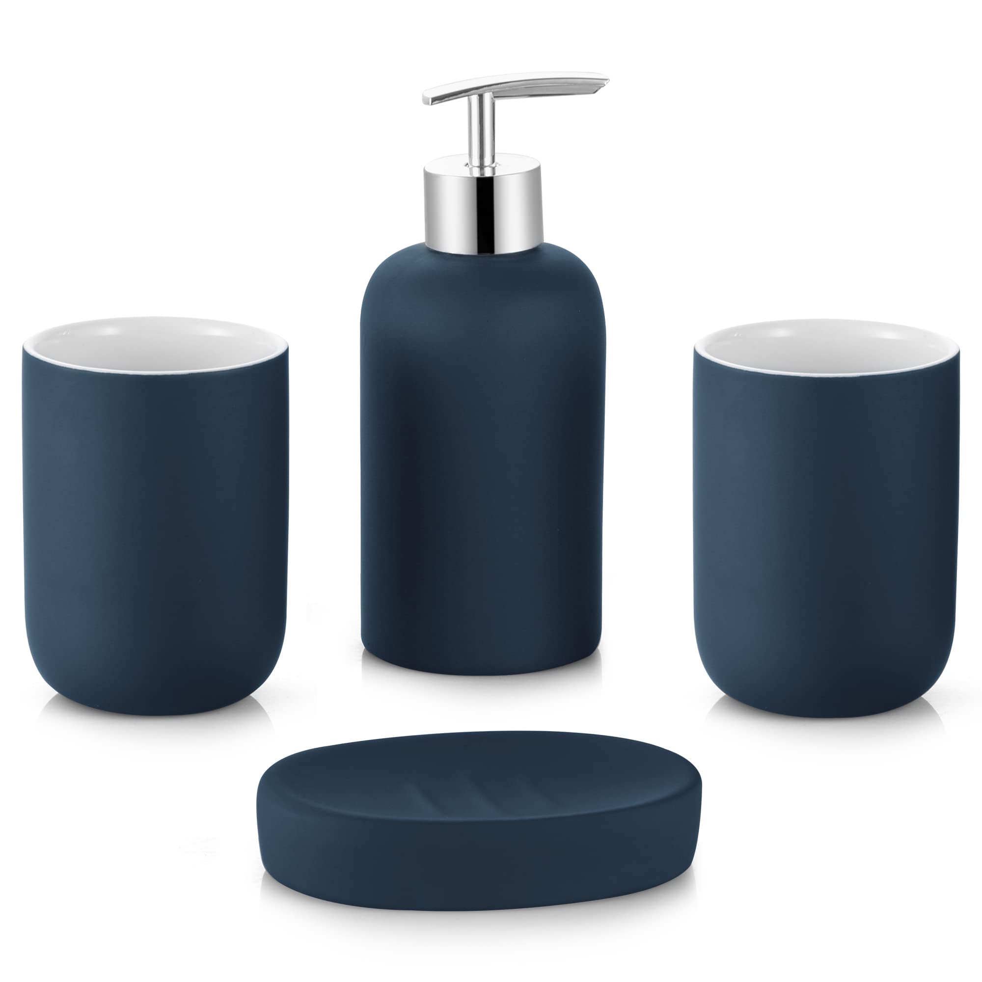 Premium 4-Piece Ceramic Bathroom Accessory Set - Soap Dispenser Pump, Tumbler & Soap Dish in Blue | Modern Vanity Decor for Guest Bathrooms & Master Suites