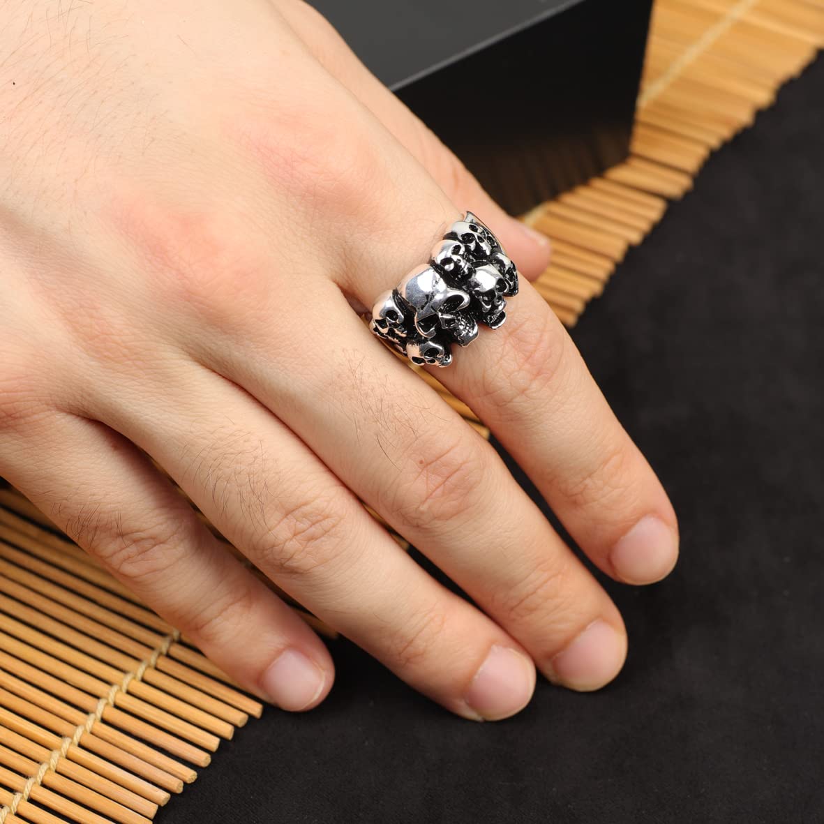 Handmade Gothic Sterling Silver Skull Biker Ring for Men - 925 Silver Jewelry with Polishing Cloth Gift - Size 1/2