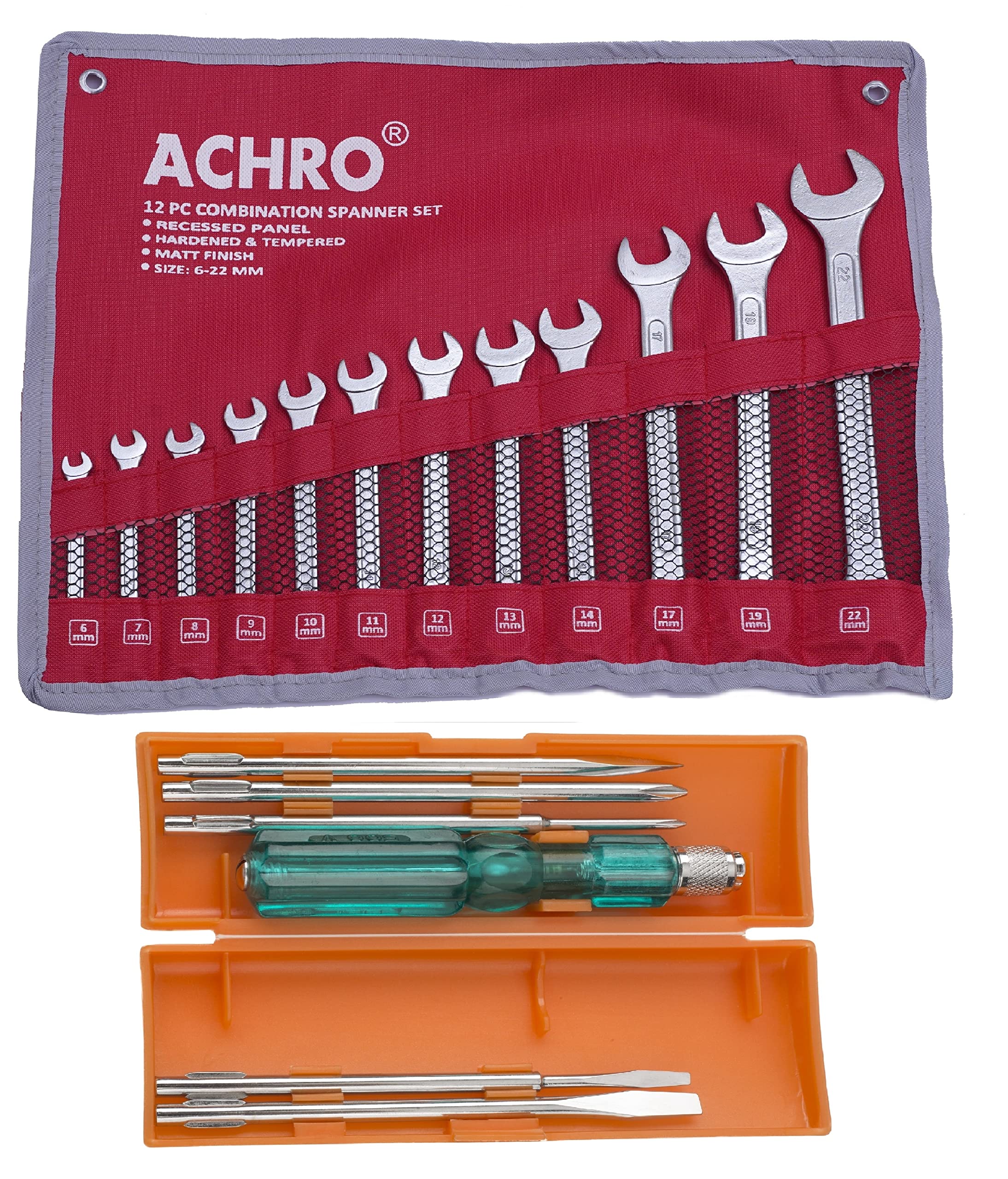 ACHRO 918 Universal 18-Piece Tool Kit Set for Home, Garage, Car, Bike & Industrial Use - Includes 6-Piece Screwdriver Set & 12-Piece Combination Spanner Set - Perfect for DIY Repairs, Maintenance & Professional Work