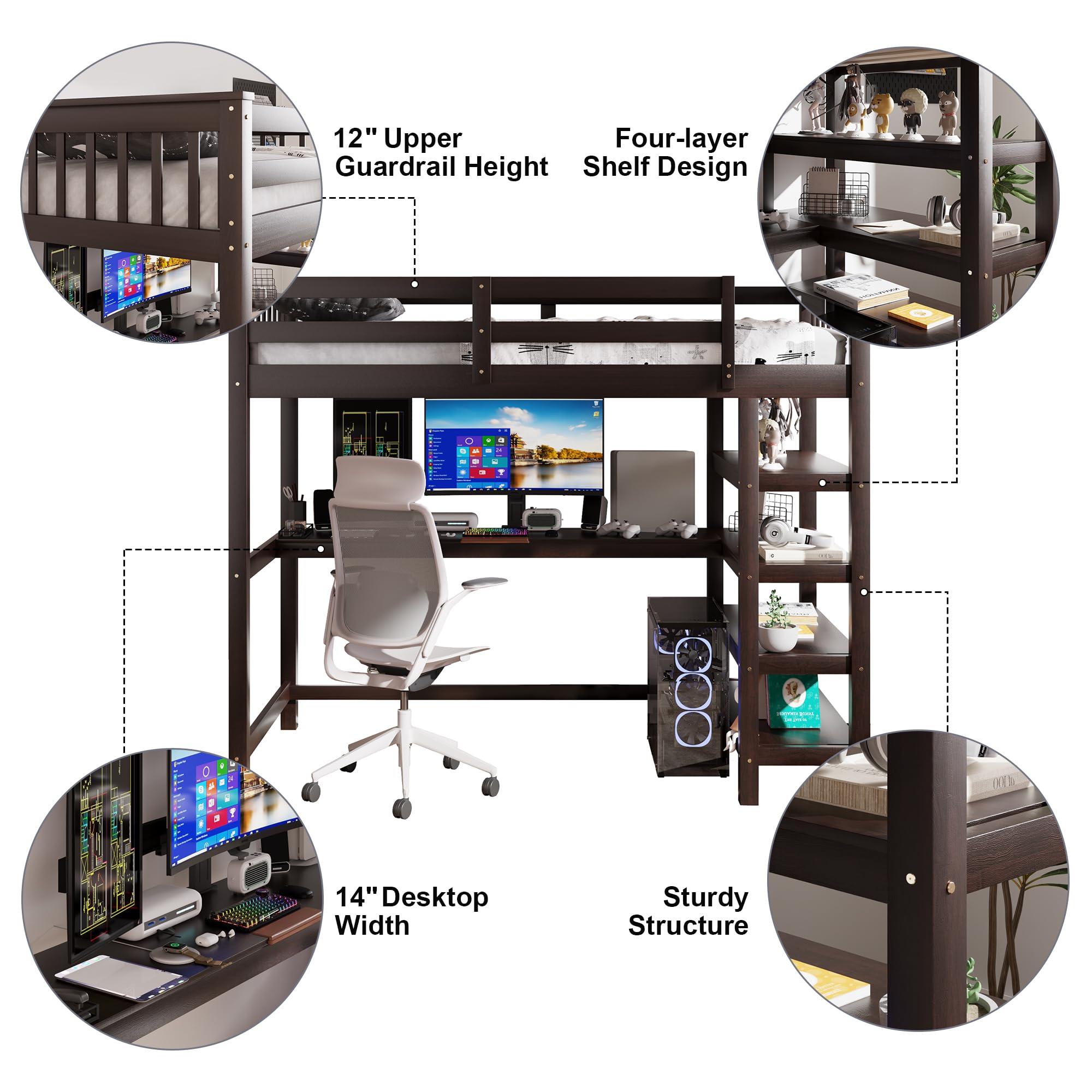 Merax Twin Size Wood Loft Bed with Desk & Shelves - Space-Saving Study Bed with Storage & Under-Bed Workspace in Espresso Finish - Perfect for Small Bedrooms, Dorm Rooms & Kids' Rooms