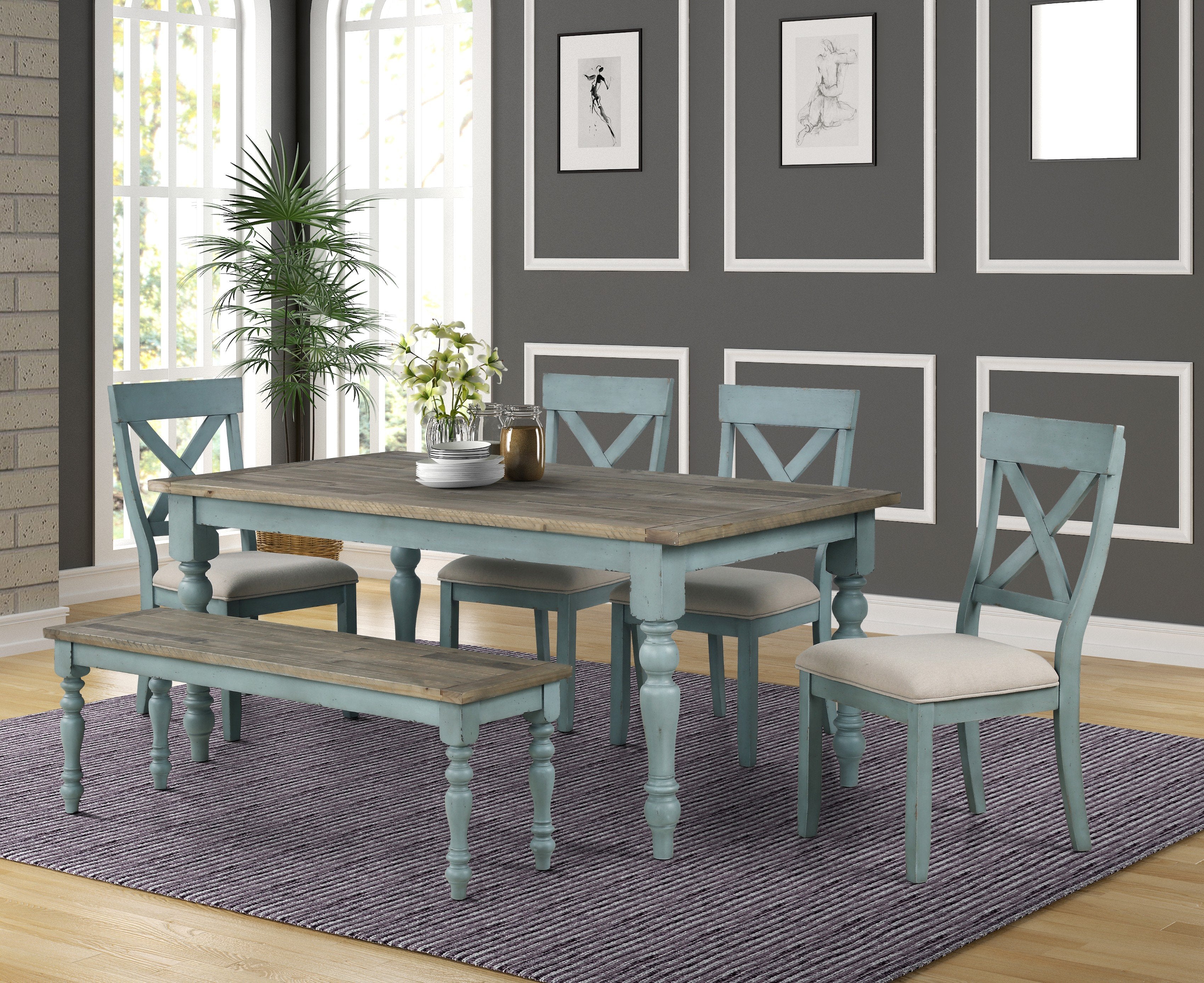 Blue and Brown Two Tone Wood Dining Table - Modern Farmhouse Style for Kitchen, Dining Room & Small Space | Solid Wood Construction & Durable Finish