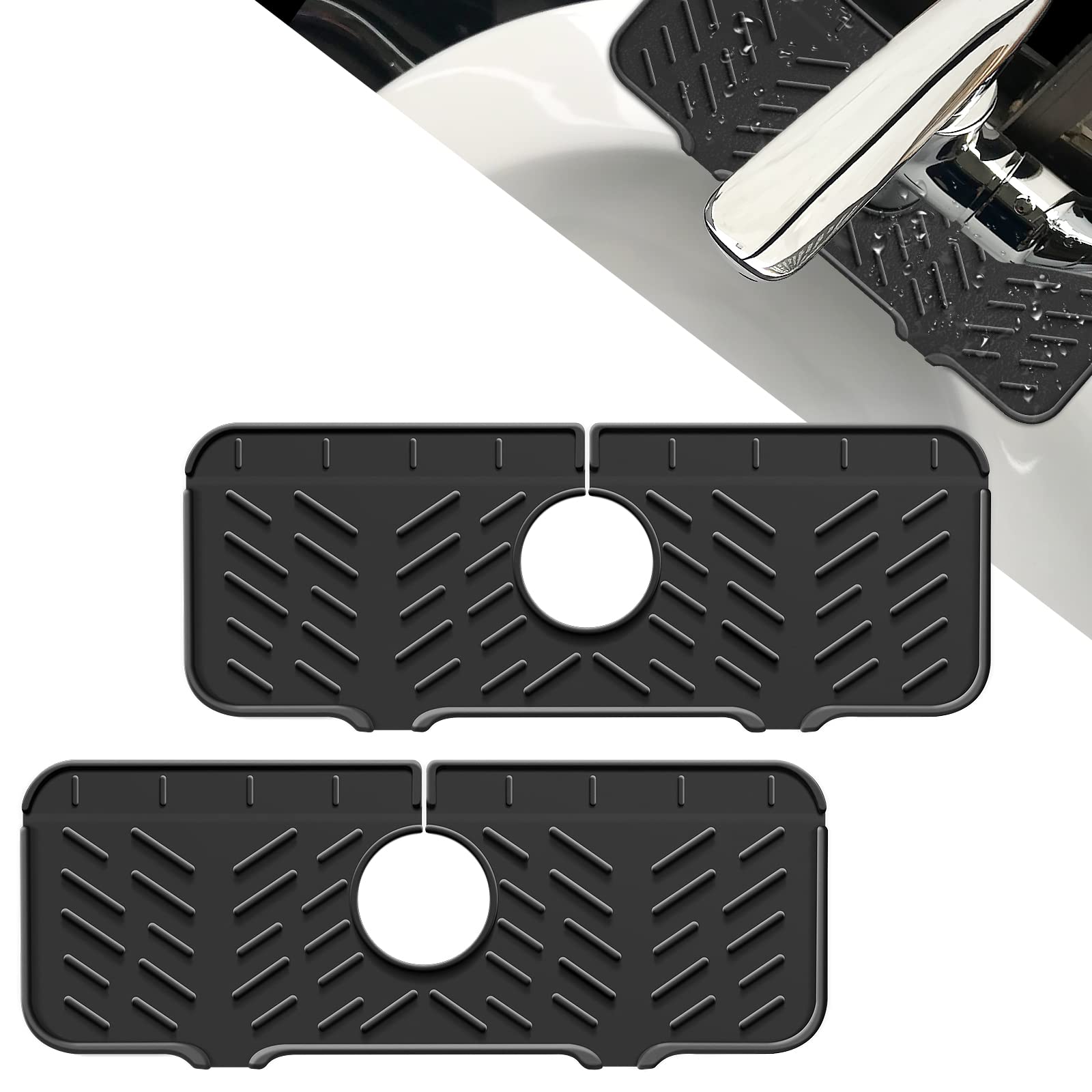 2 Pack Silicone Kitchen Sink Splash Guard - Non-Slip Faucet Splash Catcher & Draining Pad for Kitchen, Bathroom, Bar, RV - Perfect for Washing Dishes, Food Prep & Handwashing to Keep Countertops Dry