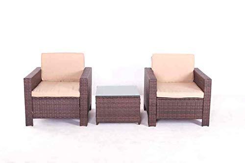 3PCS Patio Furniture Set - Rattan Wicker Sofa with Cushions & Cafe Table - Brown Indoor Outdoor Conversation Set for Garden, Yard, Poolside, Balcony | Deep Seating Bistro Set | Easy Assembly RTA Furniture | Perfect for Relaxing, Entertaining & Outdoor Dining