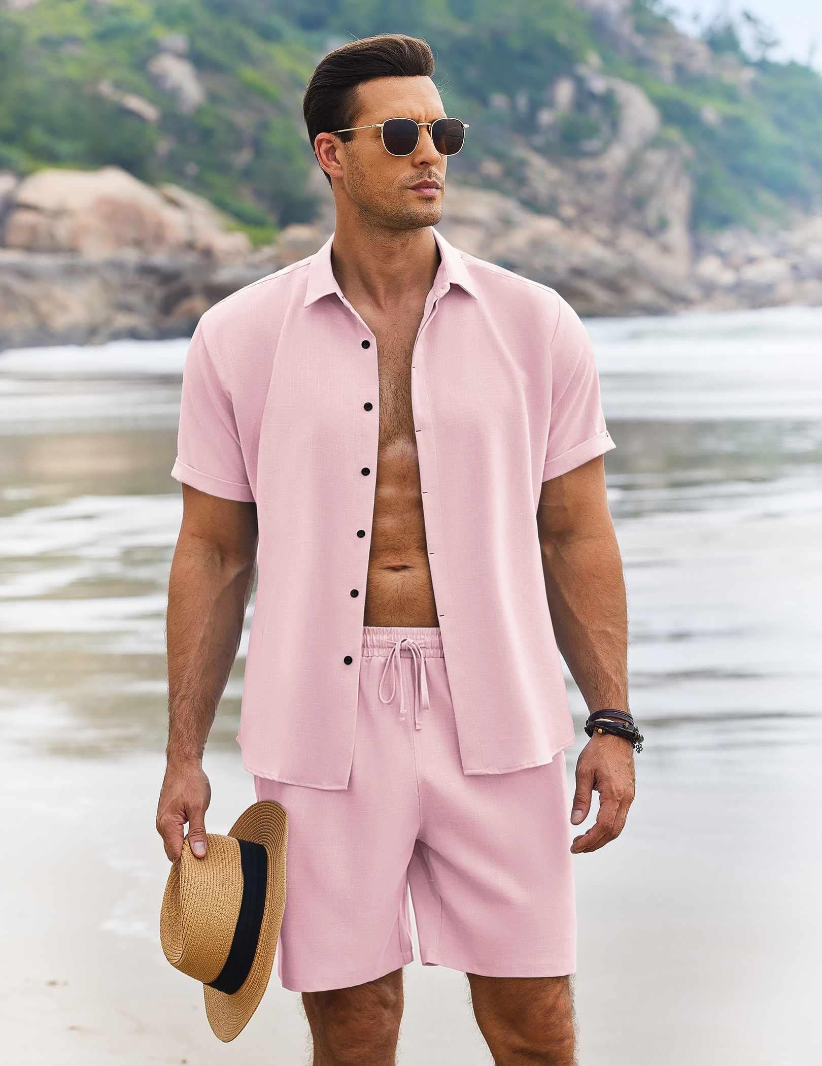 COOFANDY Men's 2-Piece Linen Outfit - Breathable Short Sleeve Shirt & Comfortable Shorts for Summer, Beach, Vacation | Casual Wear for Outdoor Activities, Travel & Relaxation
