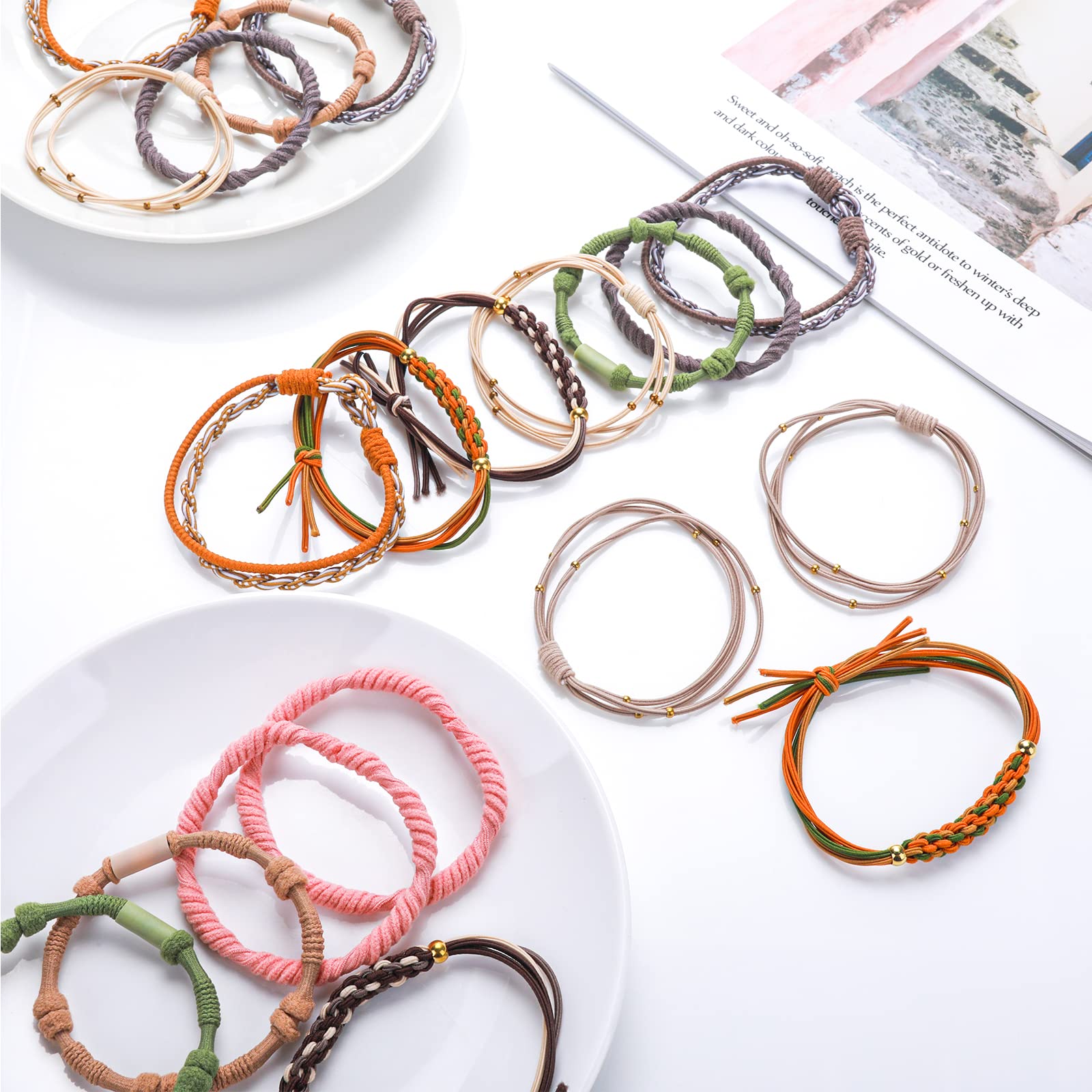 Boho Hair Ties for Women - 20 Pcs Elastic Ponytail Holders & Bracelets - Cute Hair Accessories for Thick & Thin Hair - Perfect for Everyday Wear, Workouts, and Boho Fashion