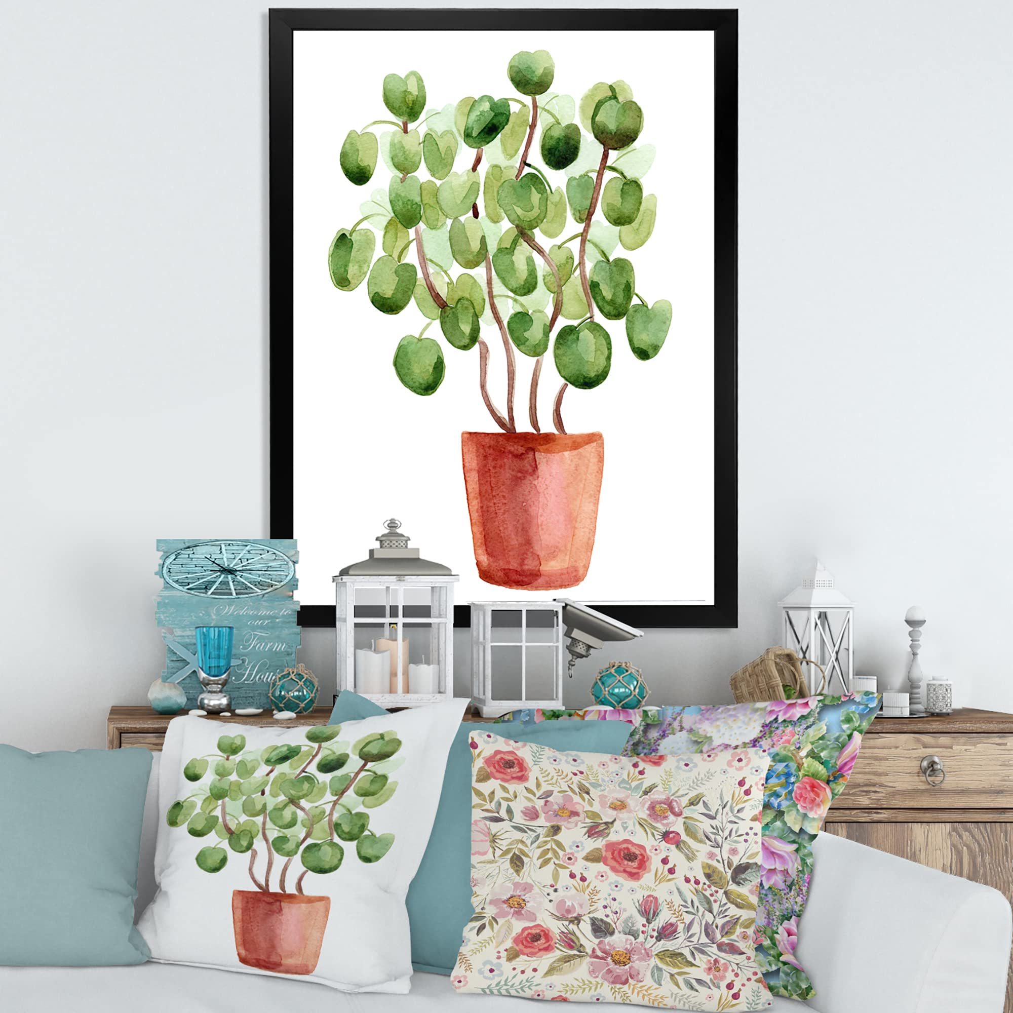 Chinese Money Plant in Ceramic Pot - Traditional Framed Wall Art Decor for Home & Office | Perfect for Living Room, Bedroom, or Gift