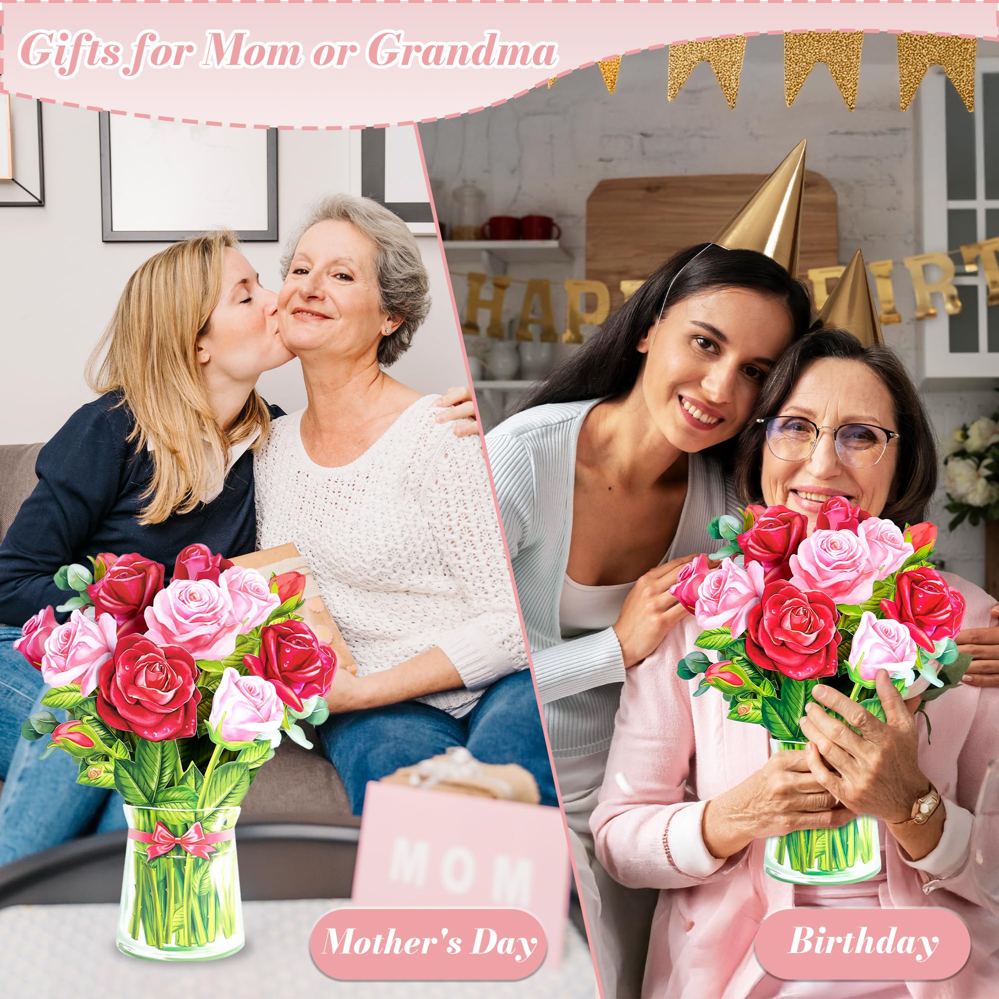 Beautiful Paper Flower Bouquet Pop-Up Greeting Cards Set - Perfect Gift for Mom, Grandma, Teachers & Women (Includes Note Card & Envelope) - Ideal for Birthdays, Thank You, Appreciation & Special Occasions