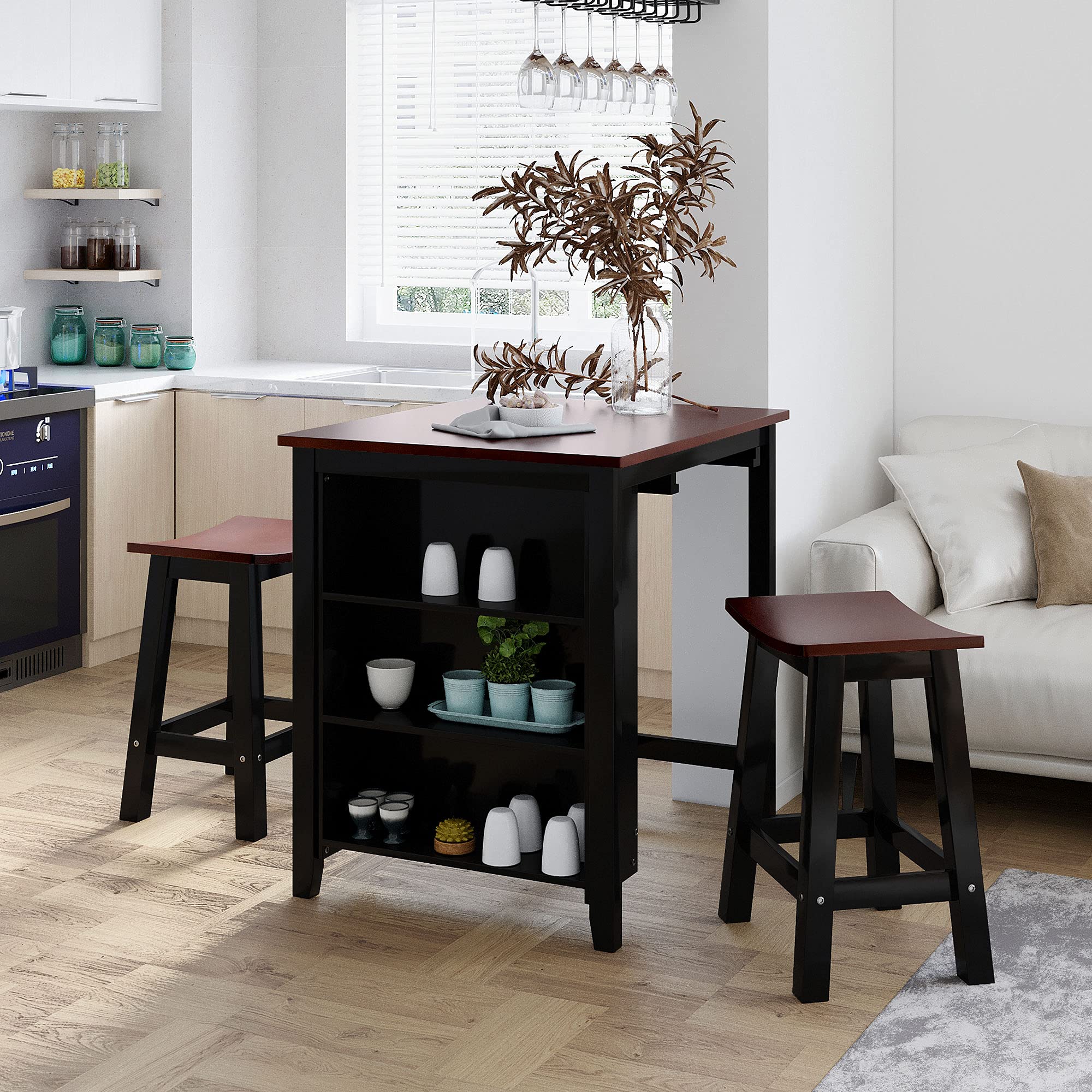 Compact 3-Piece Wooden Counter Height Dining Set with 2 Suspended Stools & 3-Tier Storage, Perfect for Small Spaces, Kitchen Nooks, and Cozy Apartments