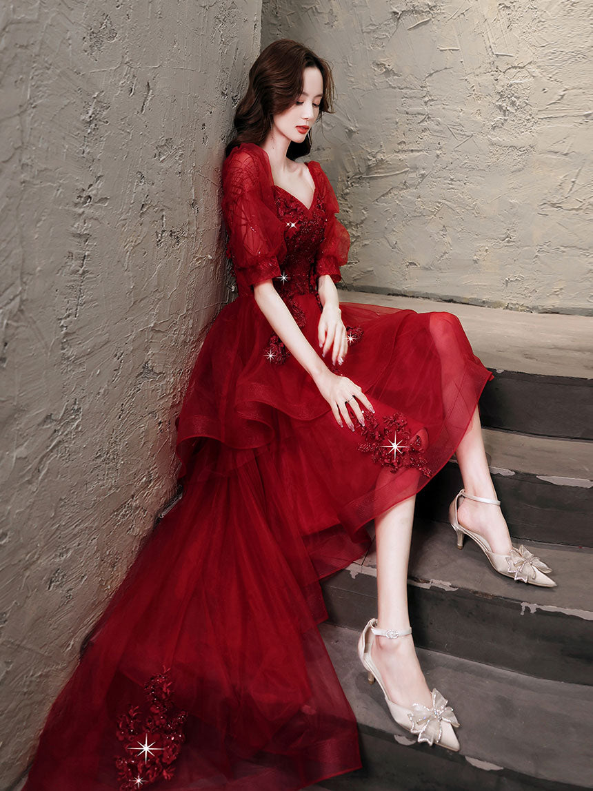 Elegant Burgundy High-Low Tulle Lace Prom Dress for Homecoming & Formal Events - Perfect for Dances, Parties & Special Occasions