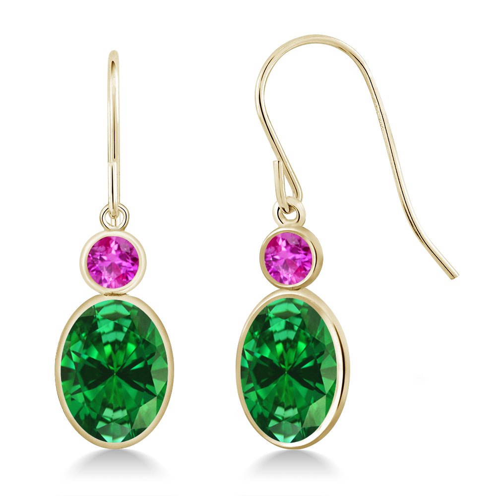 4.46 Ct Oval Green Simulated Emerald & Pink Sapphire 14K Yellow Gold Dangle Earrings for Women - Elegant French Hook Fish Ear Wire Design - Perfect for Parties, Weddings & Special Occasions