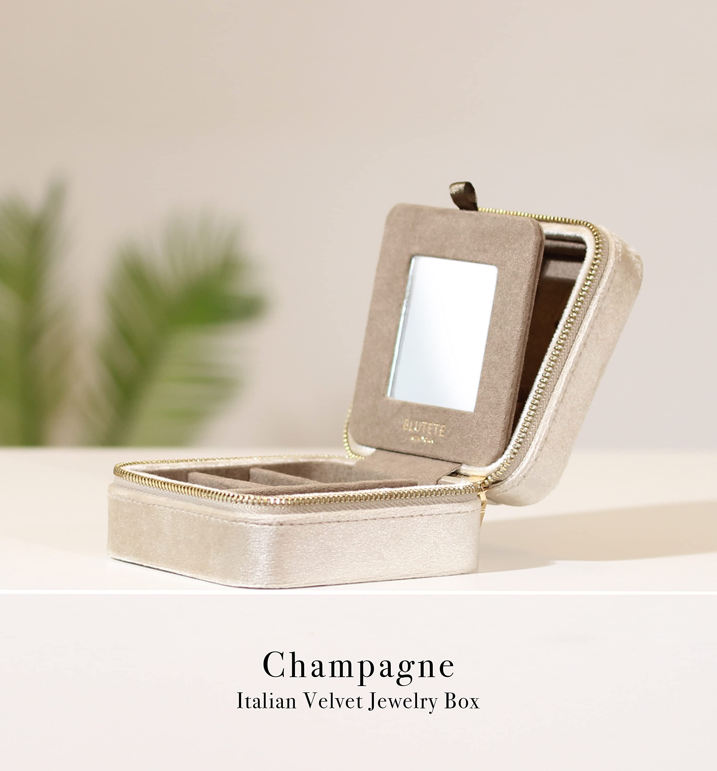 BLUETTE Velvet Travel Jewelry Organizer Box with Mirror - Portable Ring Earrings Necklace Storage Case for Women (Champagne) | Perfect for Vacation, Business Trips & Daily Use
