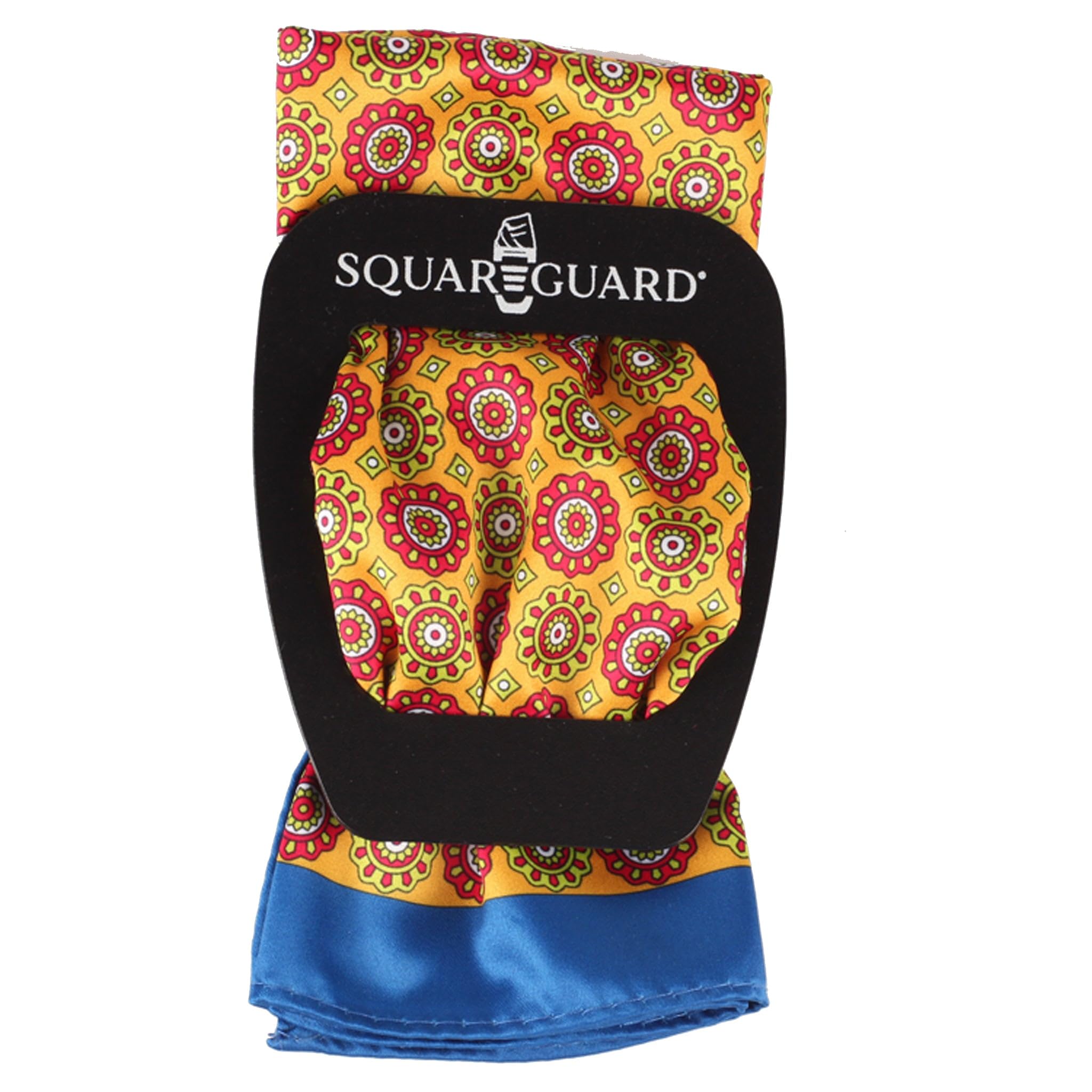 Marigold Red Blue Geometric Pocket Square & Holder Set - Premium Large Silk Pocket Squares for Men - Perfect for Weddings, Business Meetings & Formal Events