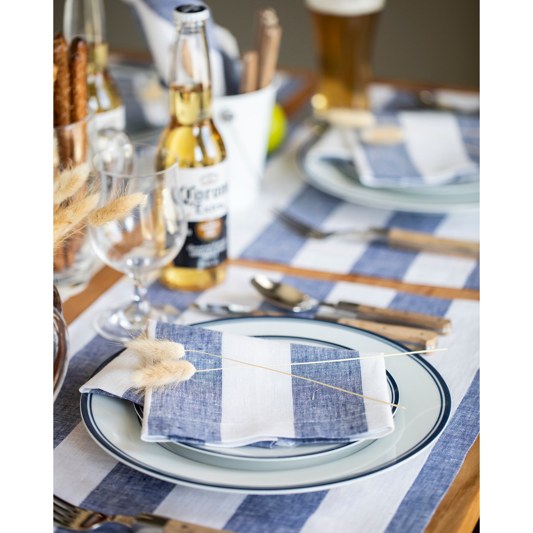 Premium Cabana Stripe Cotton Napkins Set of 12 - Soft & Absorbent for Beach Parties, Picnics & Outdoor Dining - Blue & White Striped Decorative Table Linens