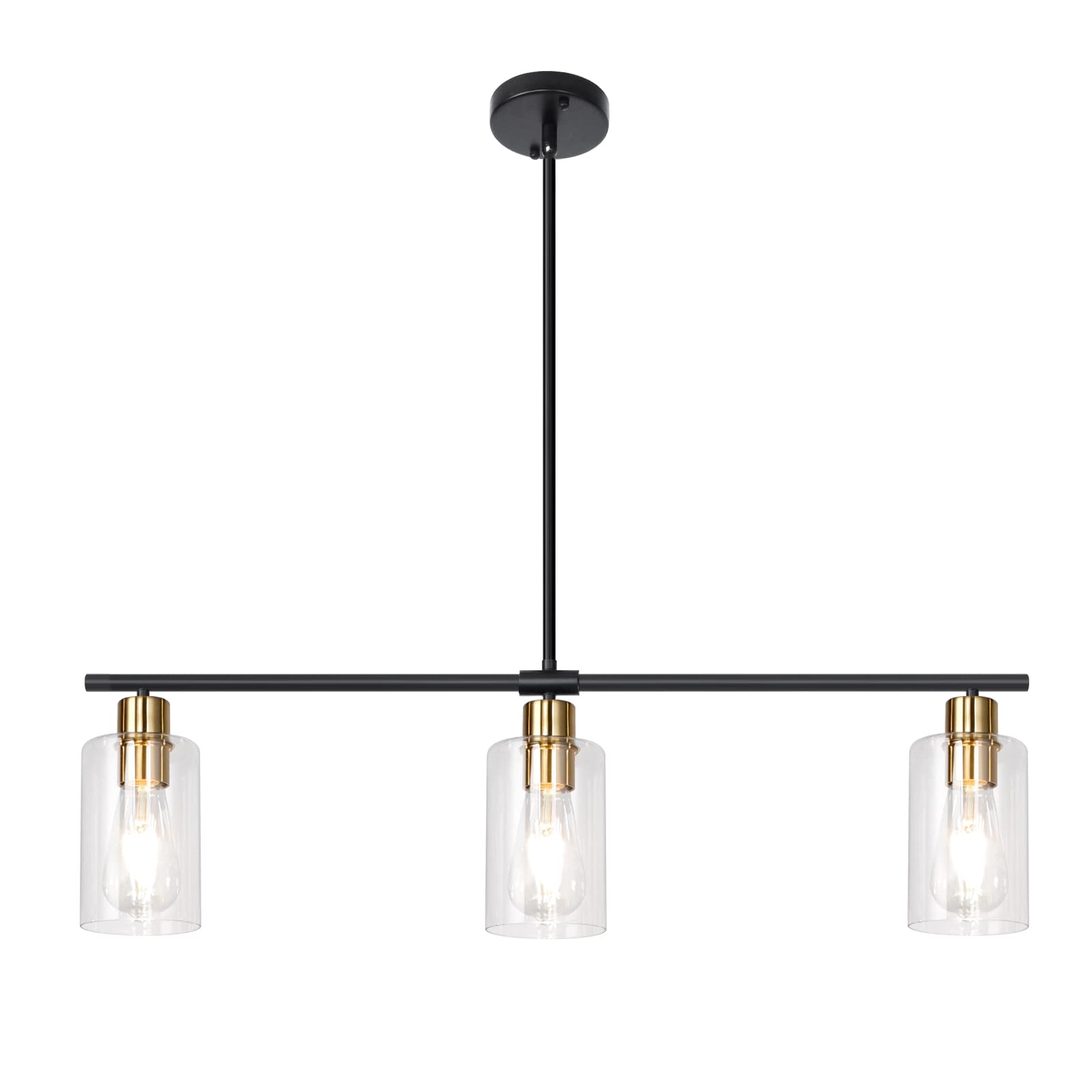 3-Light Farmhouse Chandelier - Black & Gold Linear Kitchen Island Lighting with Glass Shades | Modern Industrial Pendant Light for Dining Room & Breakfast Nook
