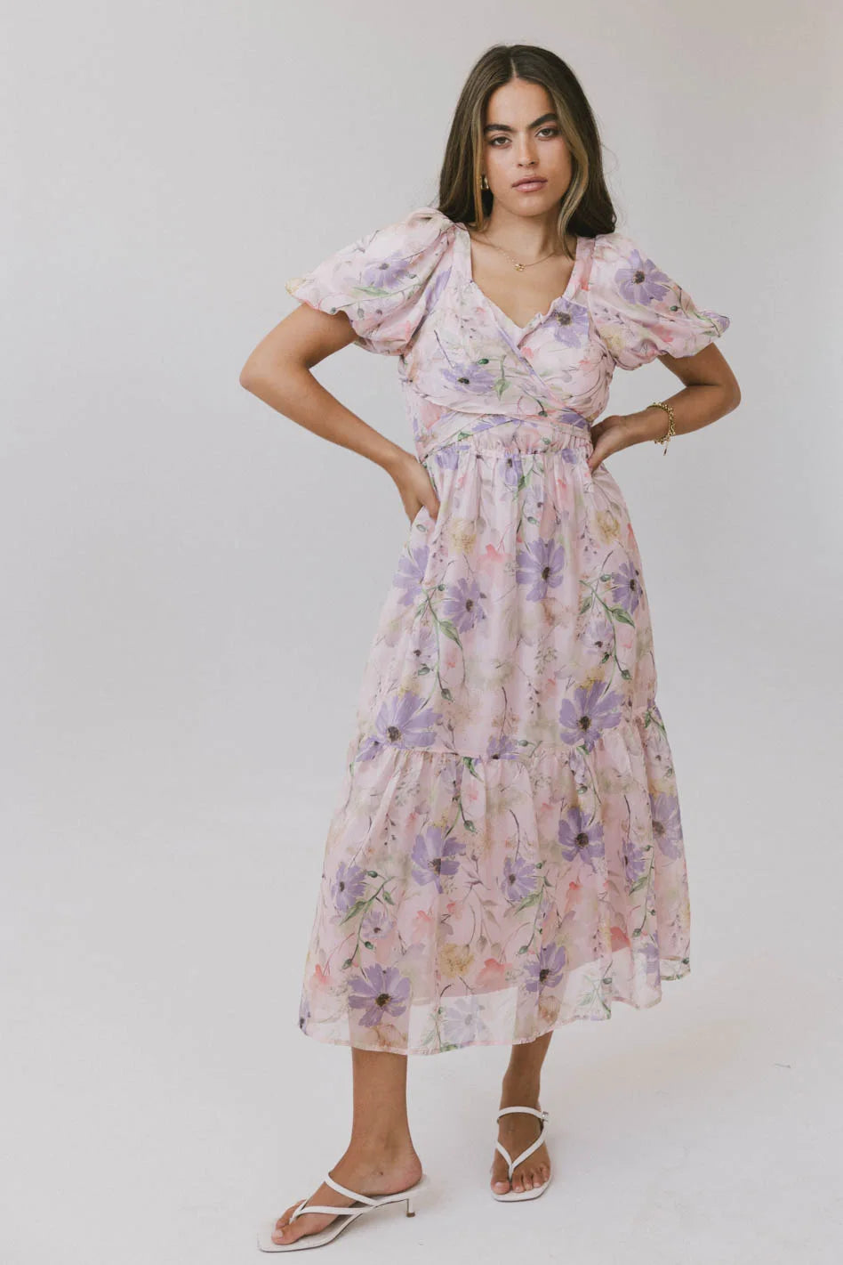 Angelique Floral Tie Dress in Pink - Women's Summer Flowy Midi Dress with Belt | Perfect for Weddings, Parties & Beach Vacations