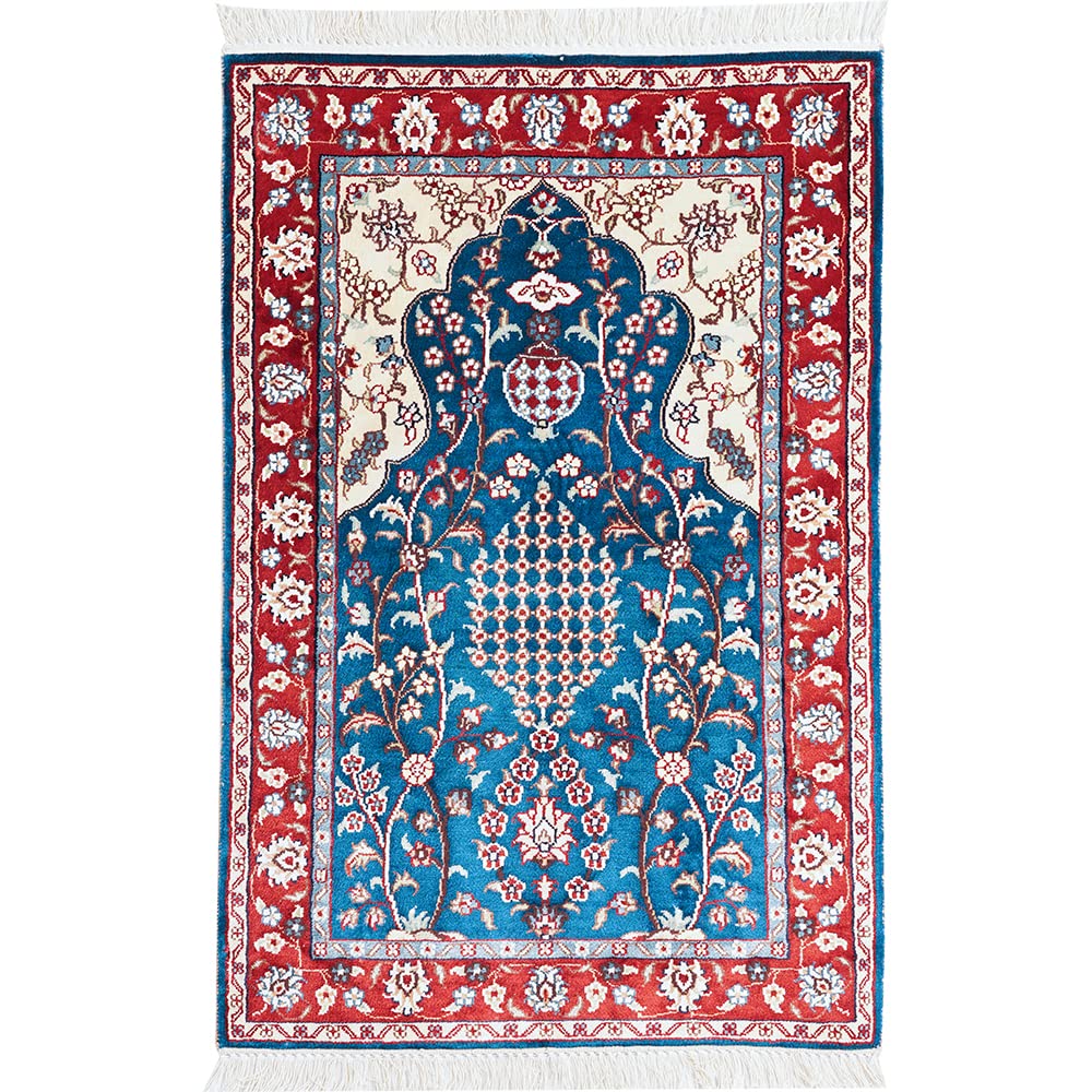 Handmade Silk Persian Area Rug 2x3ft with Fringes - Blue & Red Traditional Design Muslim Prayer Mat - Perfect for Home Decor, Living Room, Bedroom & Islamic Prayer Spaces
