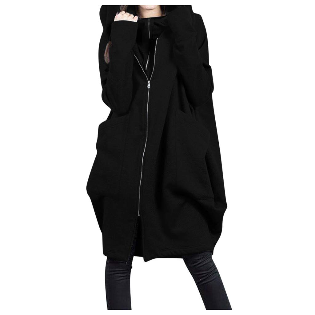 Women's Black Zip-Up Fleece Hooded Long Cardigan Jacket - Cozy Winter Outerwear for Casual Wear, Work & Outdoor Activities