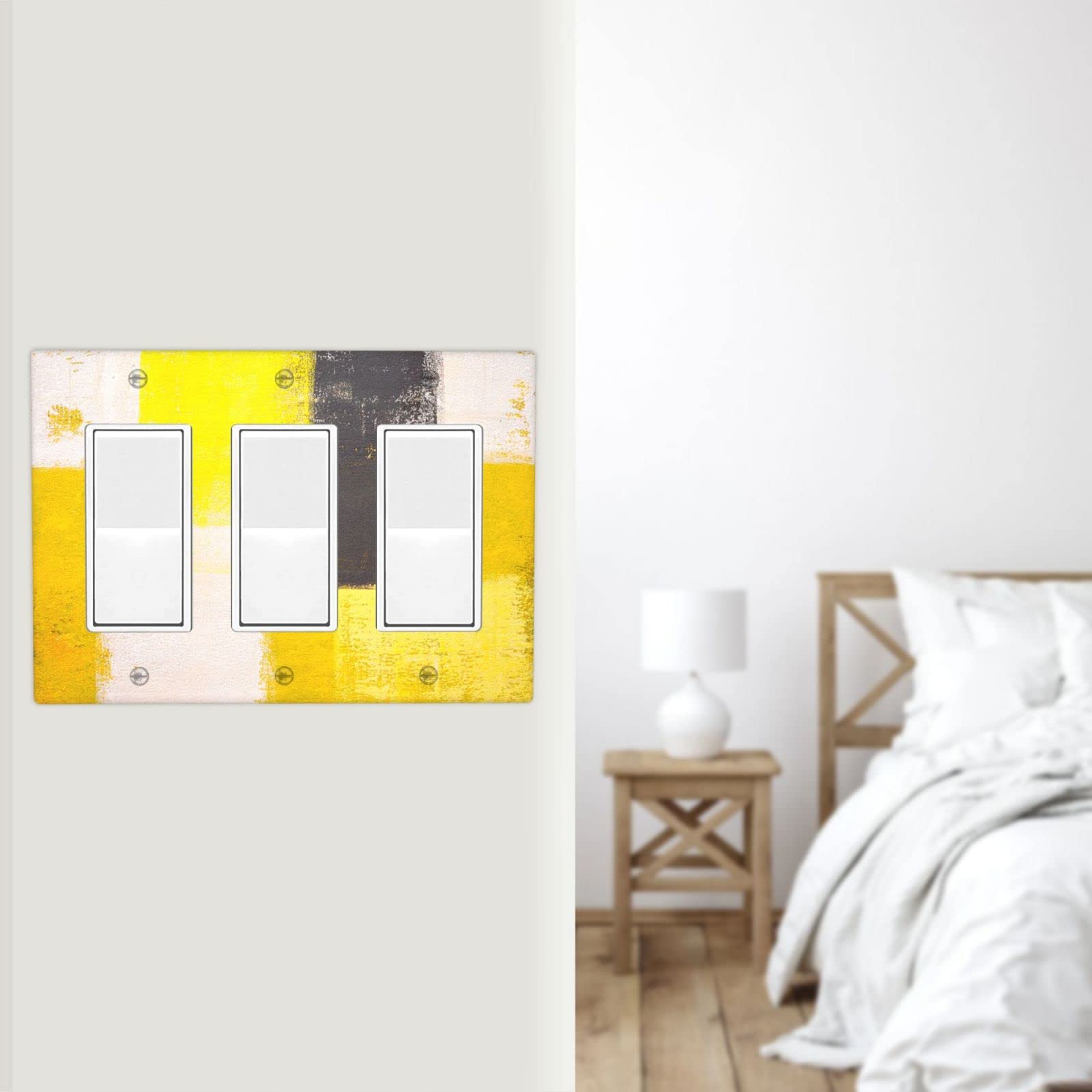 Abstract Beige Yellow Grey Triple Rocker Light Switch Cover - Decorative 3 Gang Wall Plate for Home & Office - Funny Lightswitch Faceplate 4.50 x 6.38 Inch - Perfect for Living Room, Bedroom, Kitchen Decor