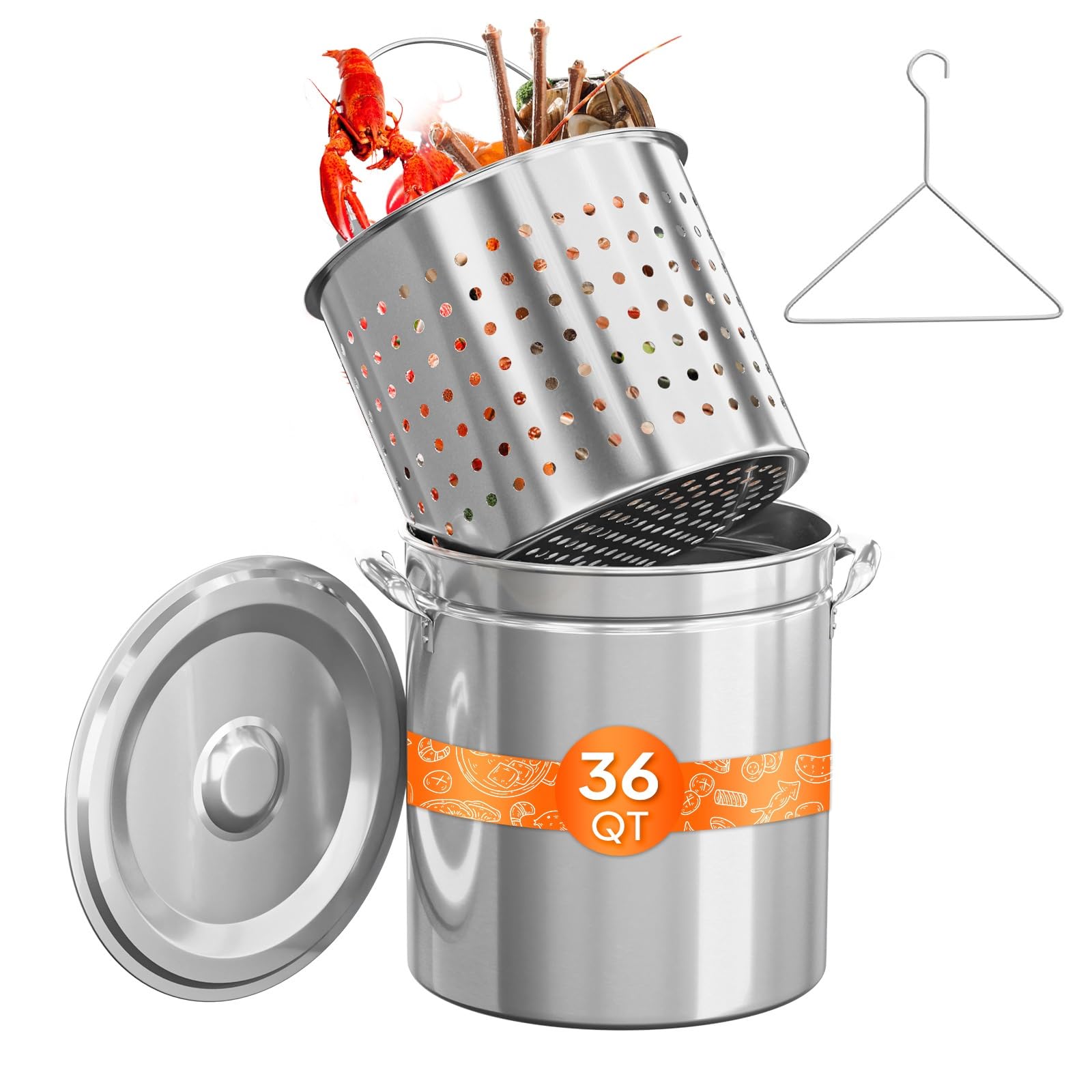 ROVSUN 36QT Stainless Steel Seafood Boil Pot with Strainer Basket, Lid & Hook - Heavy Duty Stock Pot for Crab, Lobster, Shrimp Boiling & Turkey Frying - Perfect for Outdoor Cooking, Camping, Backyard Parties & Family Gatherings