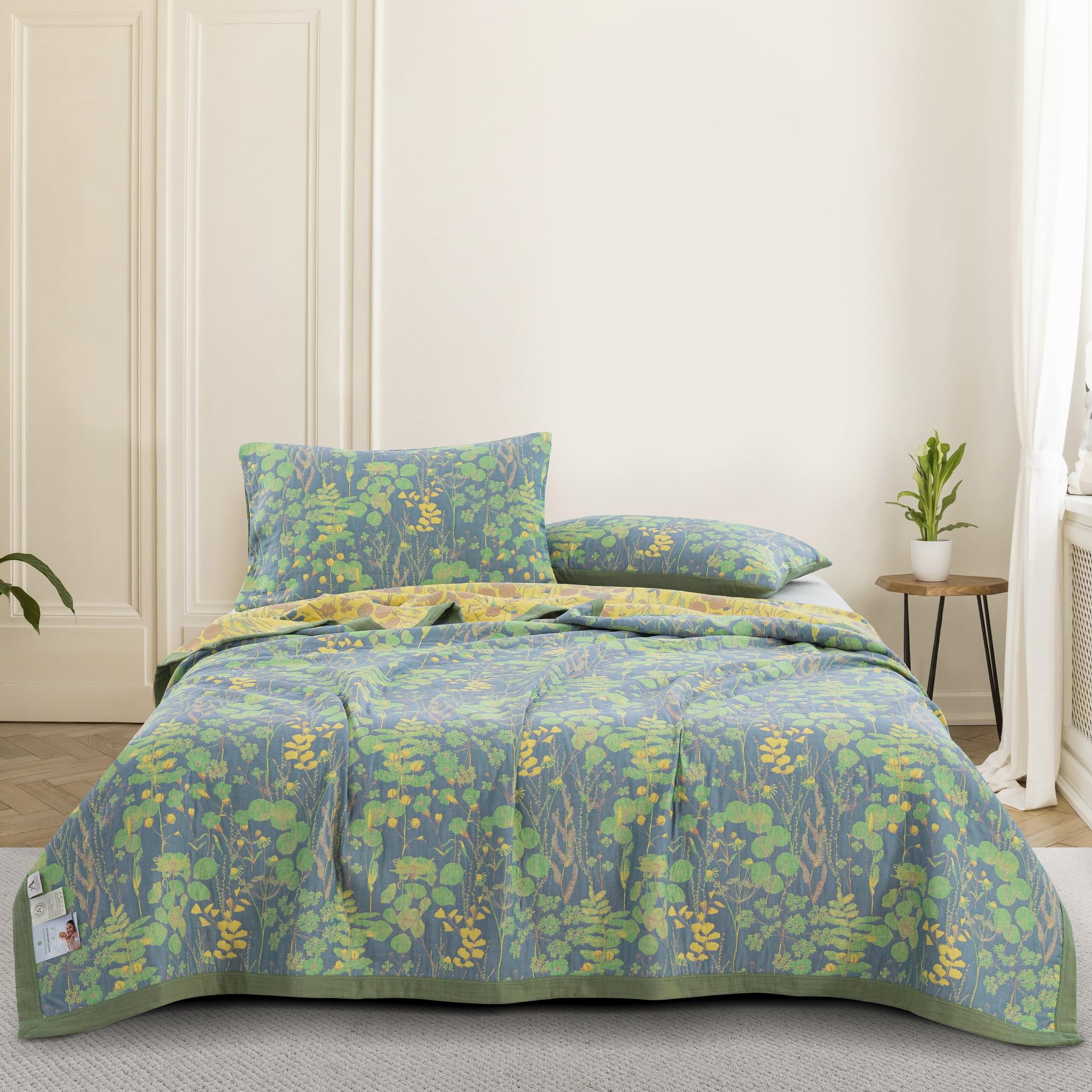 Premium 100% Cotton Muslin Pillow Shams Set of 2 - Jacquard Floral Botanical Print Pillow Covers, Soft 3-Layer Gauzy Reversible Pillow Protectors (20