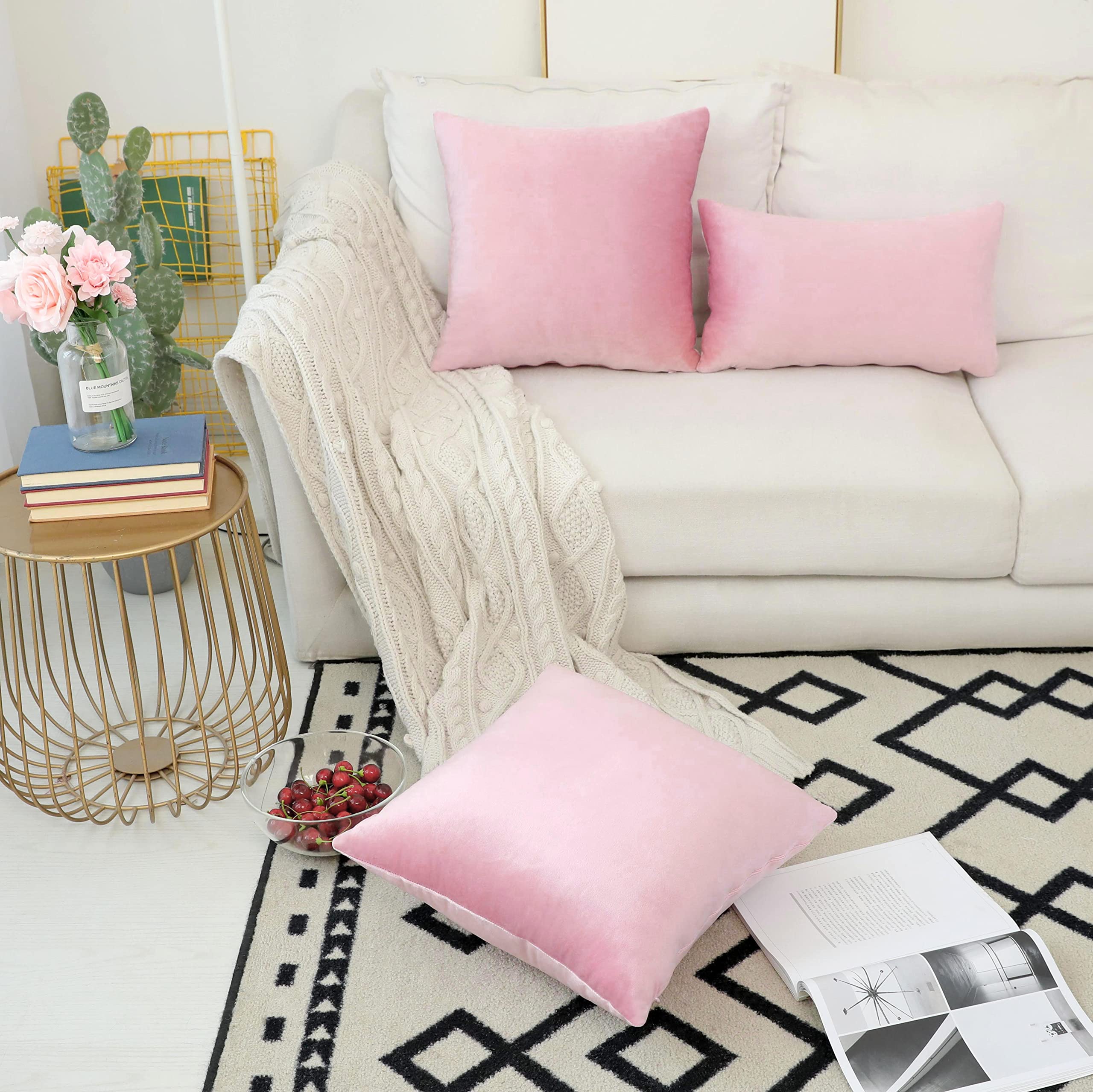 Velvet Square Throw Pillow Covers 18x18 Inch (45cm) - Soft Blush Pink Decorative Couch Pillows for Living Room, Girls' Bedroom & Wedding Decor - Barbie Inspired Home Accent for Sofa, Bed and Nursery