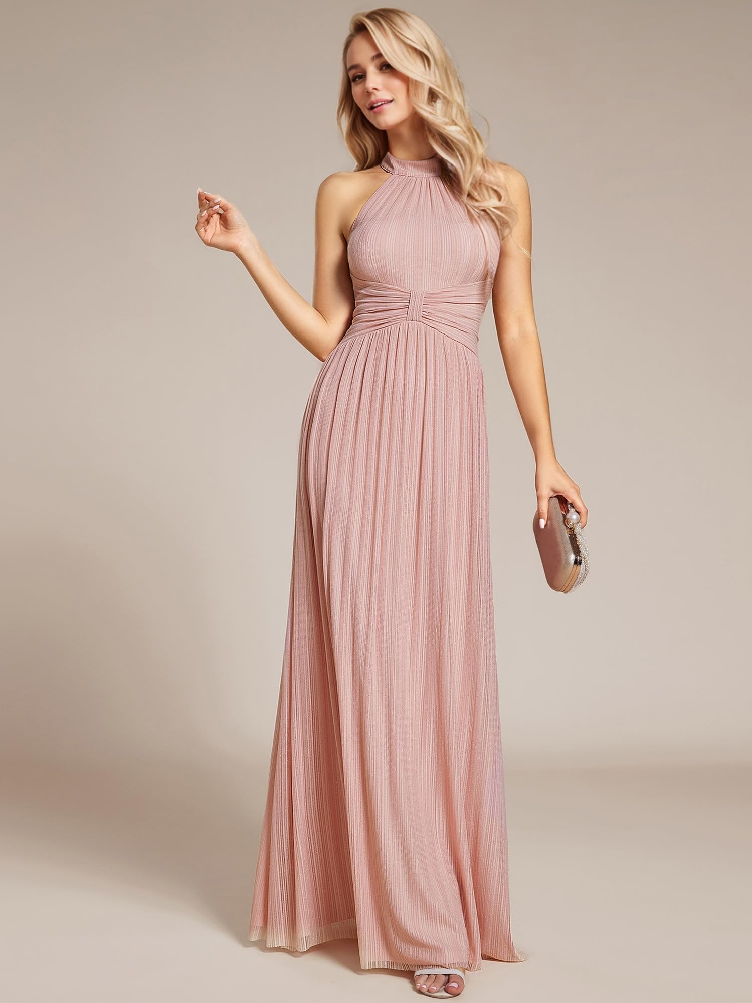 Ever-Pretty Women's Halter Neck Glitter Evening Dress - Sleeveless Pleated Floor-Length Formal Gown for Summer Parties, Prom, Wedding & Special Occasions