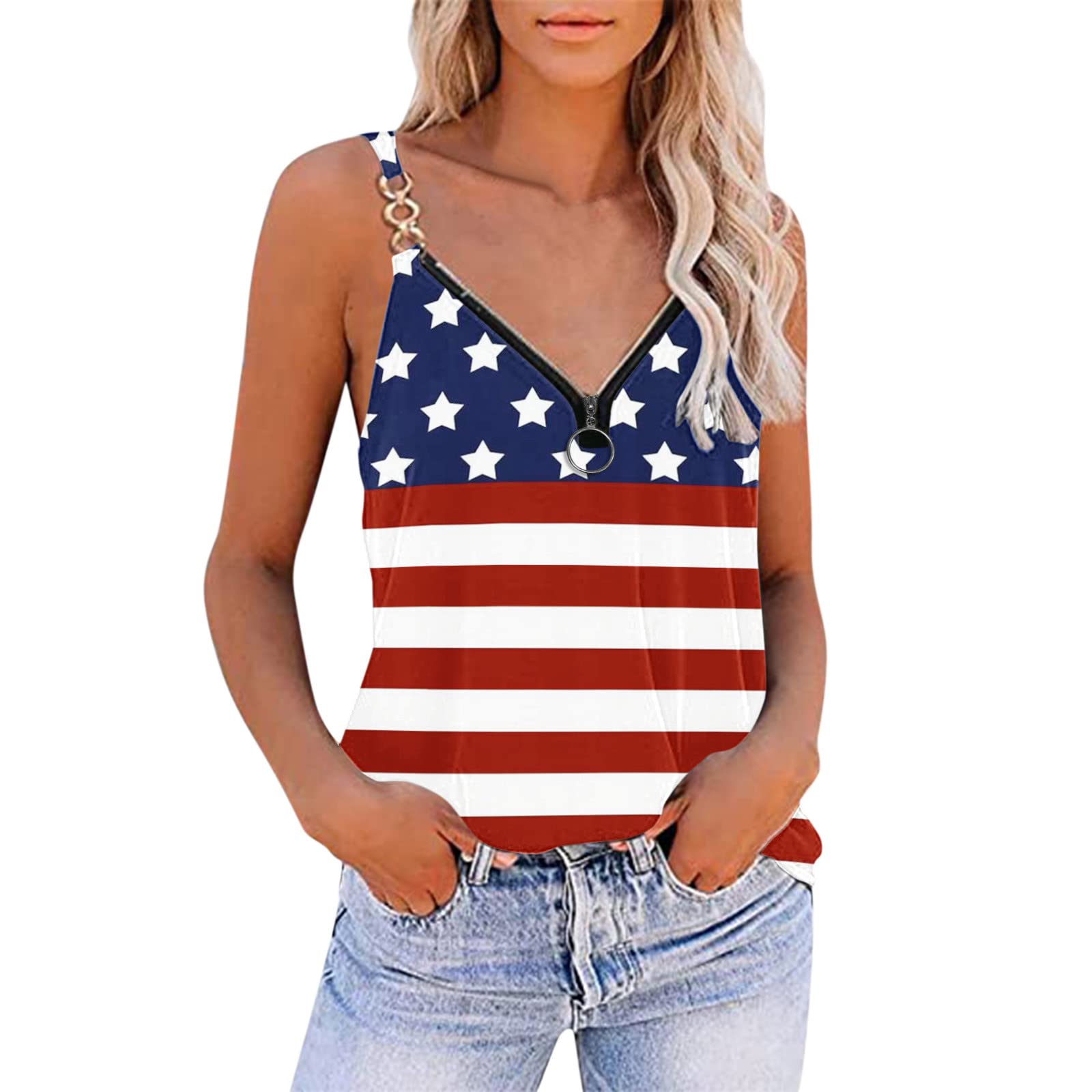 Women's Cute Casual Printed Tops - Sleeveless Loose Hollow Out Vest Blouse with Zipper | Perfect for Summer Outfits, Beach Wear & Casual Daily Fashion