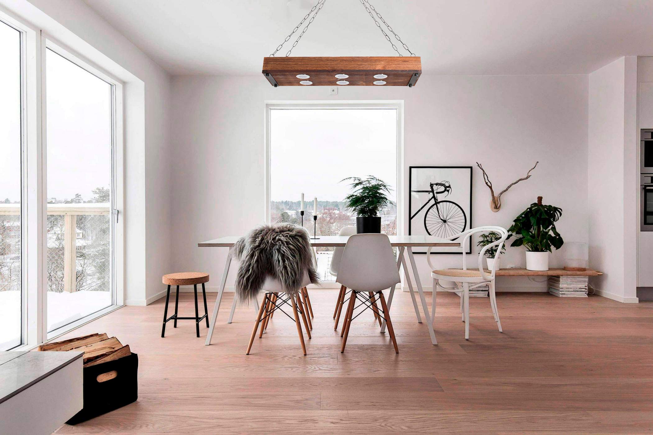 Modern Wood LED Pendant Light Fixture - 6-Light Hanging Chandelier for Kitchen Island, Dining Room, Bedroom & Restaurant - Energy Efficient Halogen Alternative - Perfect for Ambient Lighting in Homes and Commercial Spaces