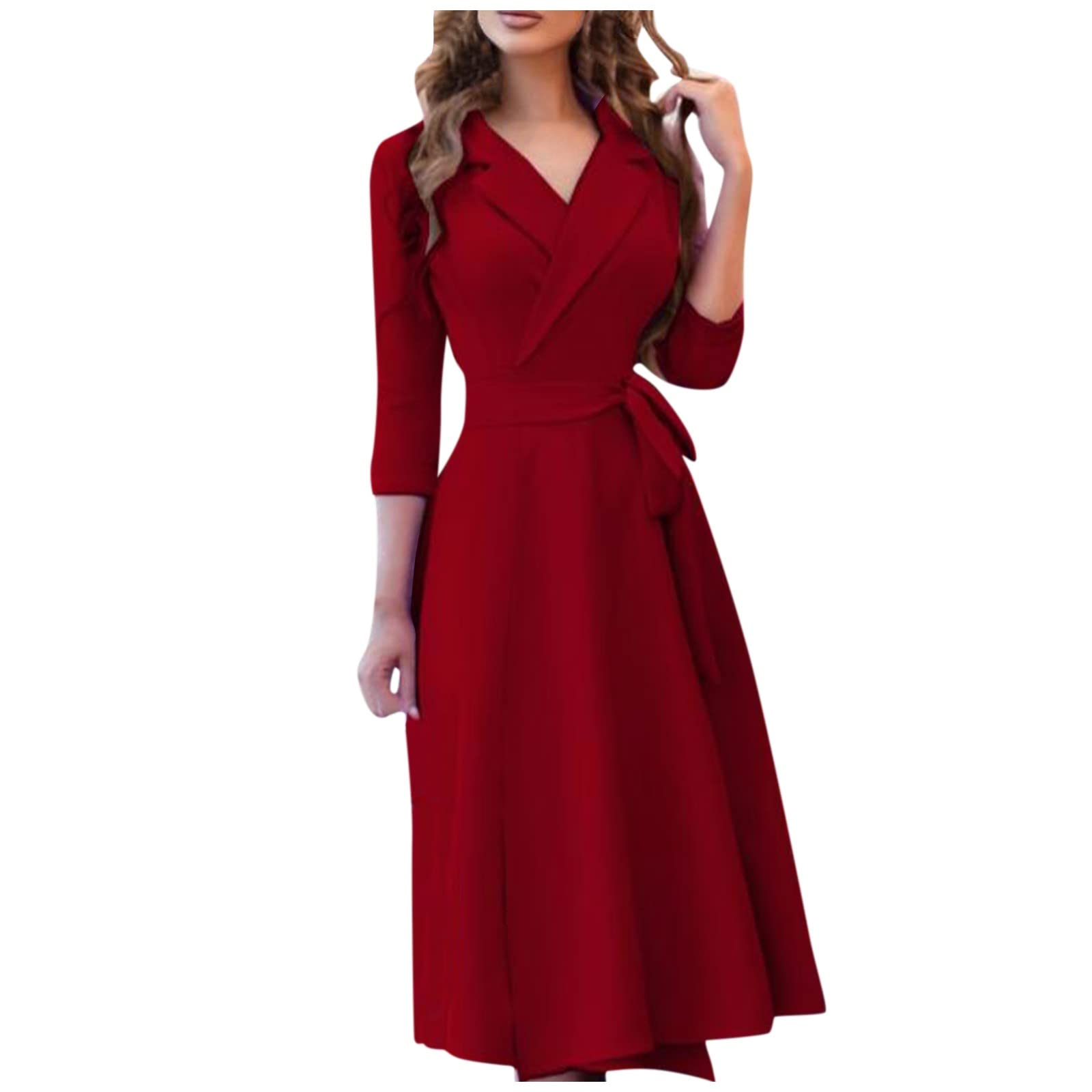 Women's Casual Solid Color V-Neck Tie Waist Side Zipper 3/4 Sleeve Dress for Wedding Guest & Party Occasions | Comfortable Summer Office Wear & Special Events Outfit
