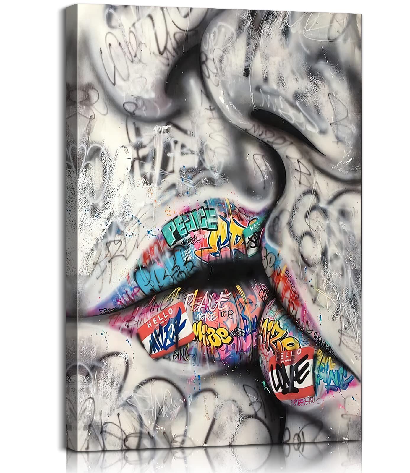 Kissing Graffiti Canvas Wall Art - Colorful Lips Street Art Poster (24x36 Inches) - Modern Bedroom Decor for Couples, Unique Valentine's Gift & Urban Home Decoration