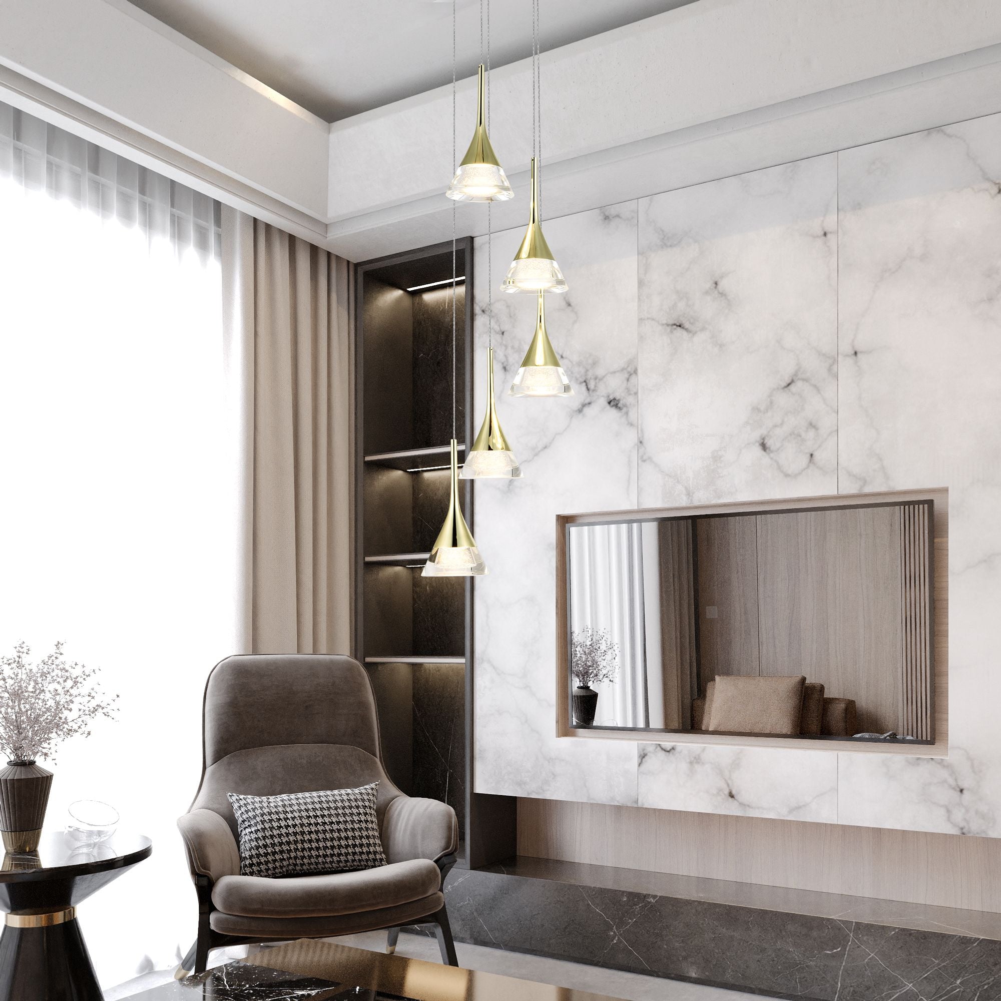 VONN Amalfi 5-Light LED Chandelier with Gold Cone Shades - Modern Crystal Ceiling Light Fixture for Dining Room, Bedroom & Living Room Decor