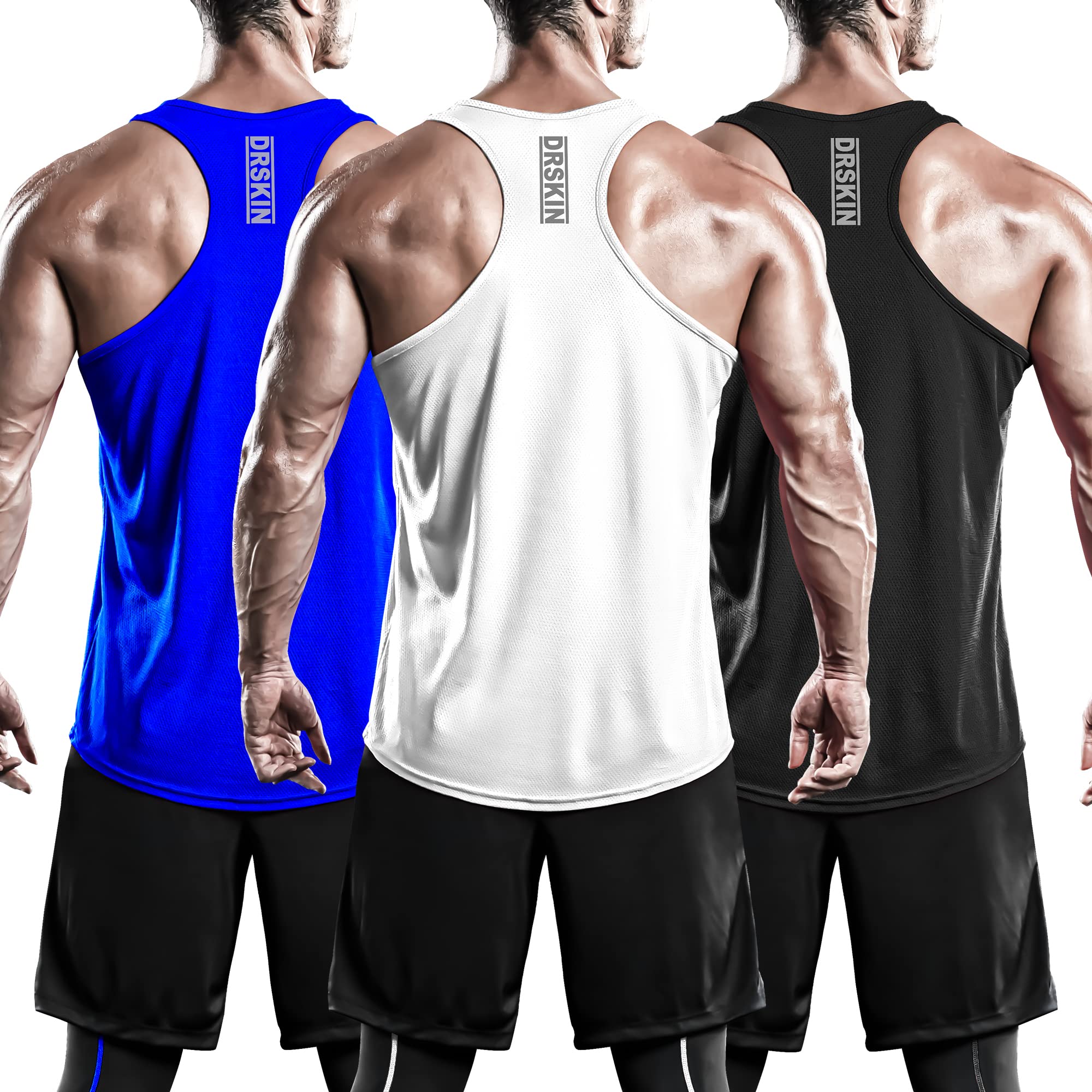 DRSKIN Men's 3 Pack Dry Fit Y-Back Muscle Tank Tops - Breathable Mesh Sleeveless Shirts for Gym, Bodybuilding, Training & Workout - Moisture Wicking Athletic Shirts for Running, Basketball & Summer Sports