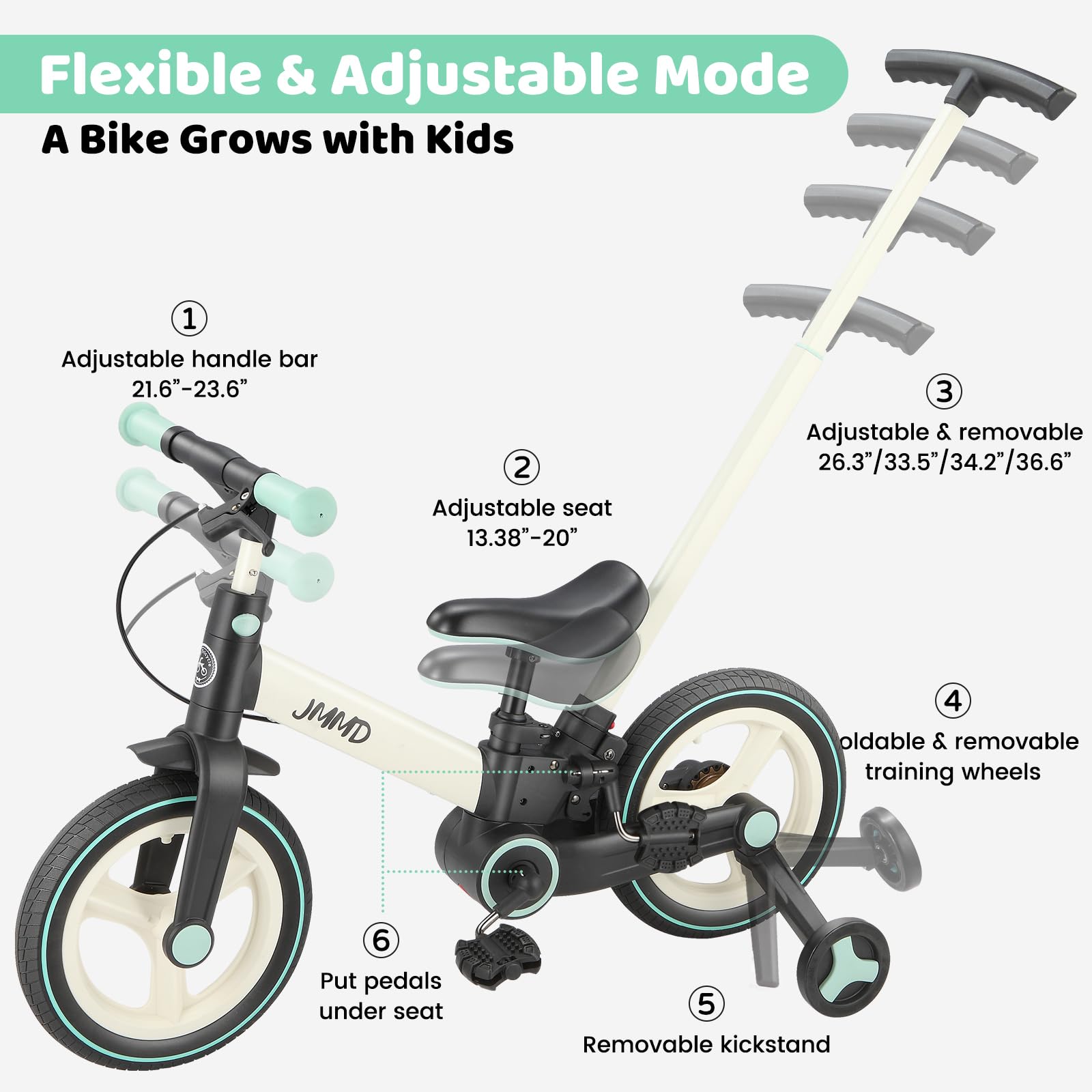 JMMD 6-in-1 Foldable Toddler Bike with Push Handle, Training Wheels & Pedals - Adjustable Balance Bike for Kids 18-60 Months - Perfect First Bike Gift for Boys & Girls - Ideal for Backyard Riding, Park Adventures & Learning to Cycle