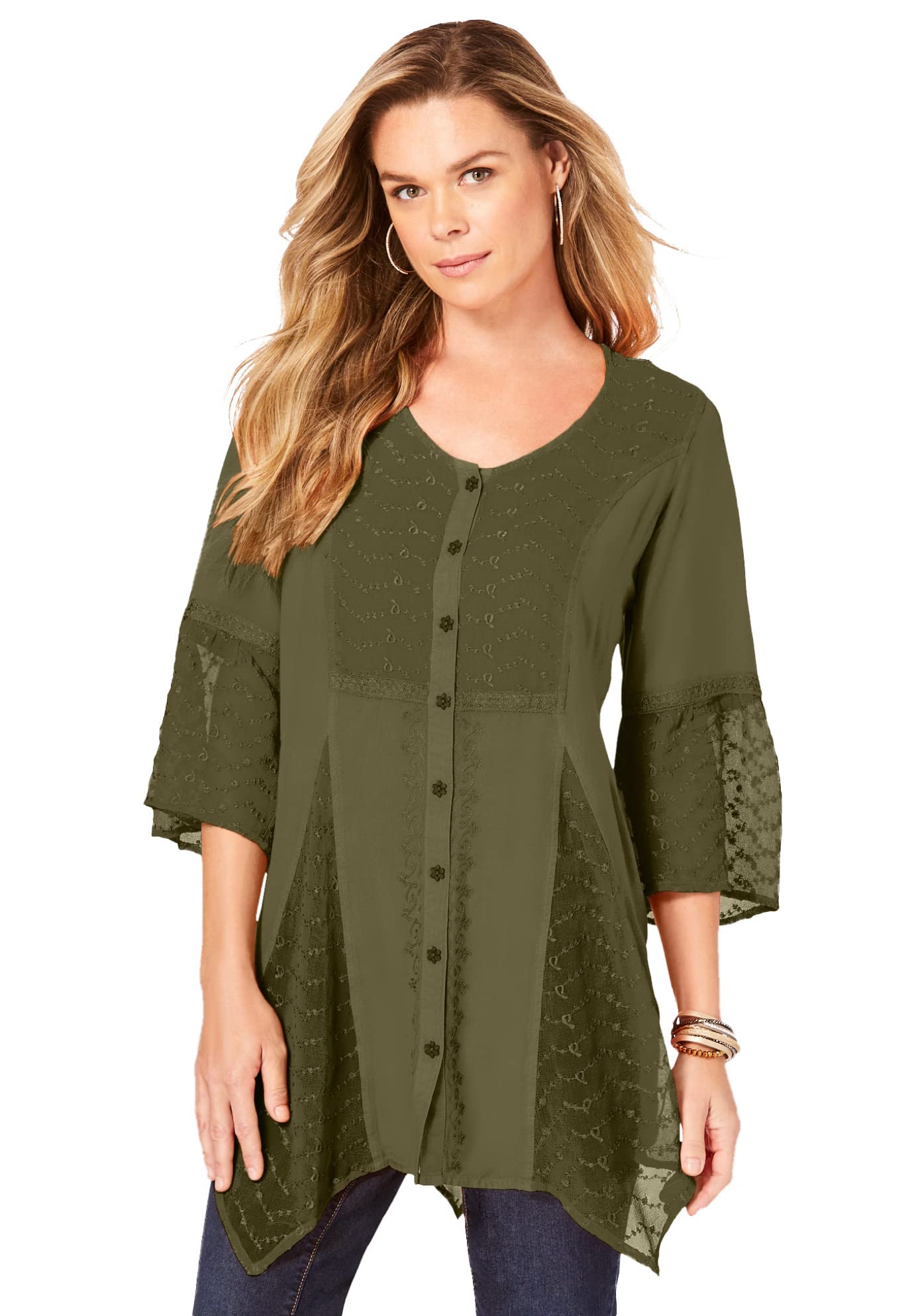 Rooman's Women's Plus Size Acid Wash Oversized Denim Shirt - Casual Chic Layering Piece for Work, Date Night & Weekend Outfits