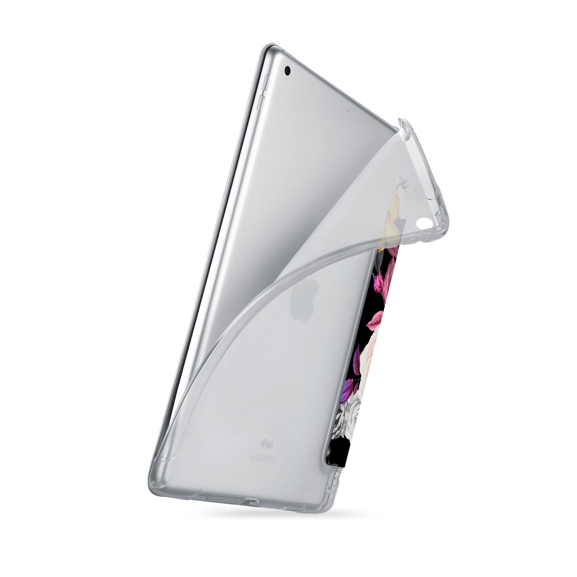 Premium iPad See-Through Case with Black Flower Design - Slim Protective Cover for iPad Air/Pro, Perfect for Work, School & Travel