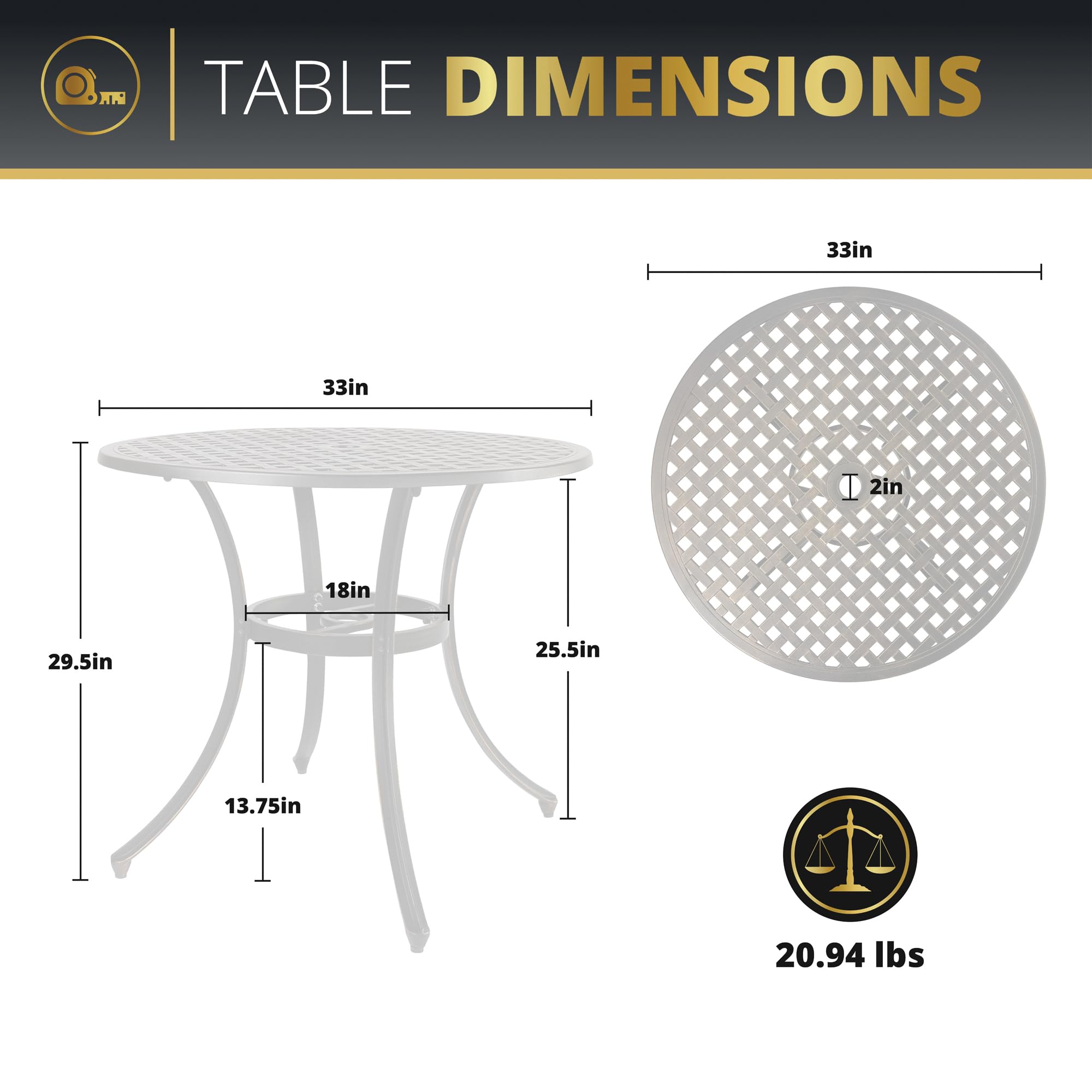 Kinger Home 33-inch Outdoor Patio Dining Table - Round Cast Aluminum Bistro Table for Garden, Backyard, Poolside & Restaurant Use