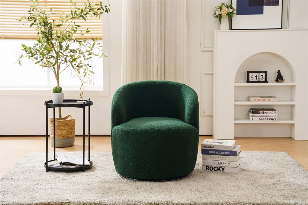 360° Swivel Barrel Chair - Modern Teddy Fabric Upholstered Lounge Armchair with Round Metal Base | Comfortable Single Sofa Chair for Living Room, Office & Reading Nook | Green Club Chair for Relaxation & Leisure Time